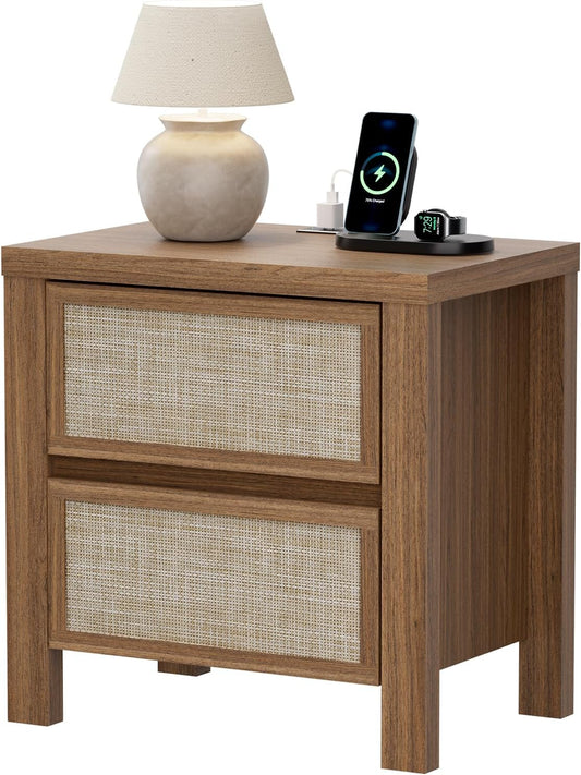 Brafabhome Modern Nightstands with Fast Charging Station, Rattan Storage Bedside Tables Night Stand with Drawers for Bedroom Living Room