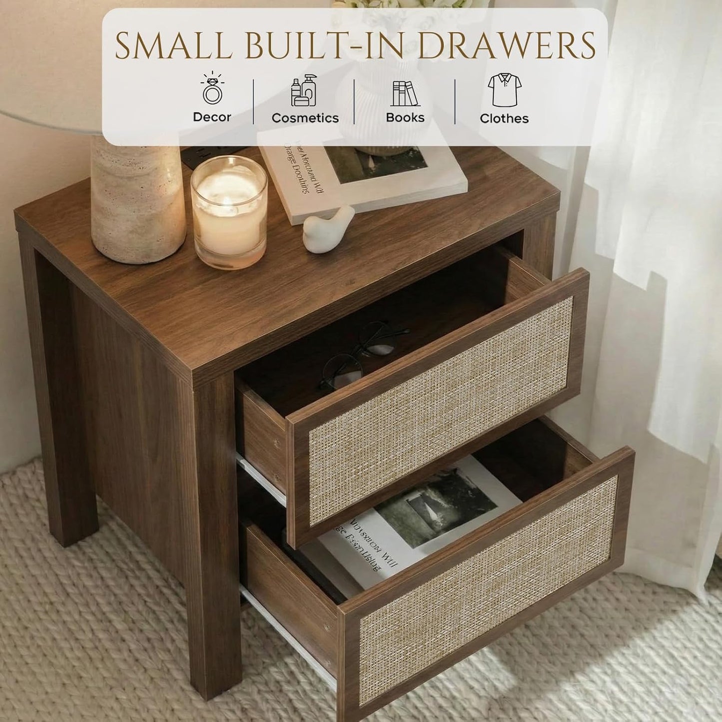Brafabhome Modern Nightstands with Fast Charging Station, Rattan Storage Bedside Tables Night Stand with Drawers for Bedroom Living Room