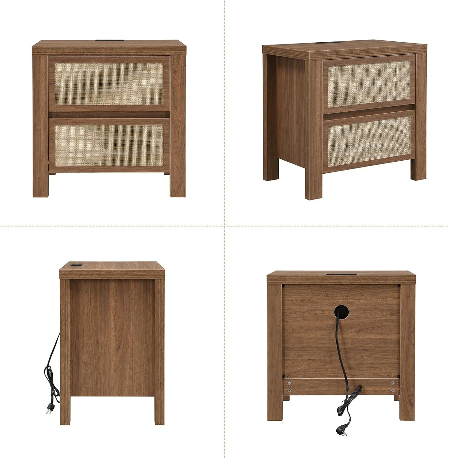 Brafabhome Modern Nightstands with Fast Charging Station, Rattan Storage Bedside Tables Night Stand with Drawers for Bedroom Living Room