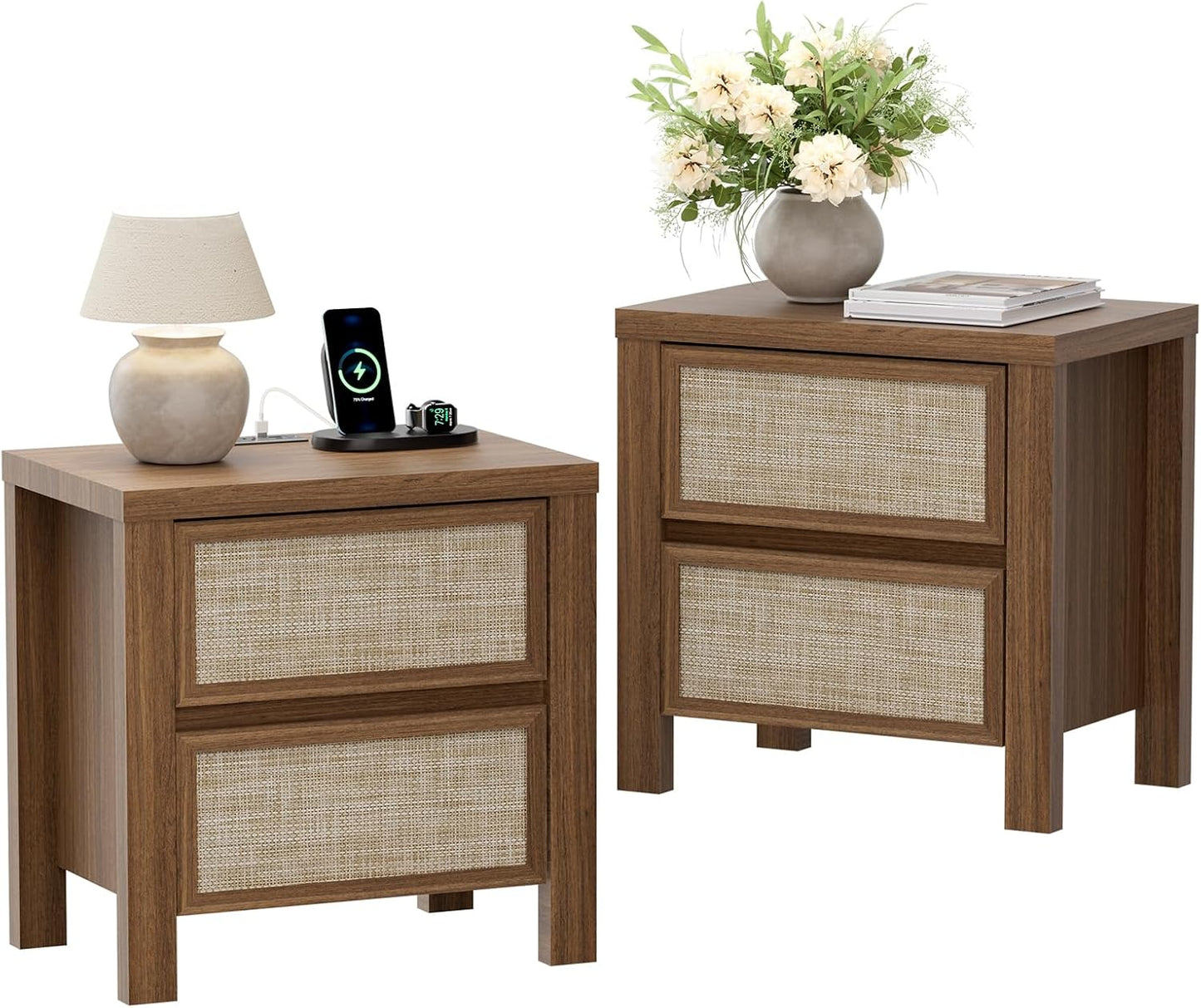Brafabhome Modern Nightstands with Fast Charging Station, Rattan Storage Bedside Tables Night Stand with Drawers for Bedroom Living Room