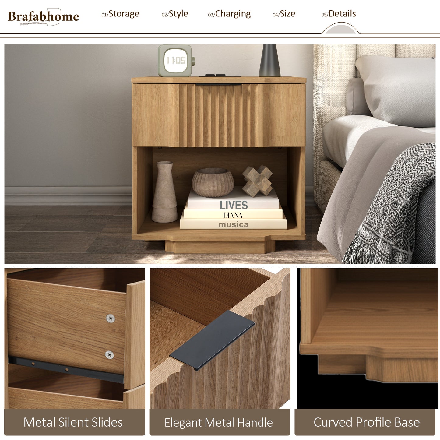 rafabhome Curved Profile Fluted Nightstand with Charging Station, Modern Large Nightstands with Drawer, Wood Bedside Table with Open Shelf for Bedroom Living Room Home Office