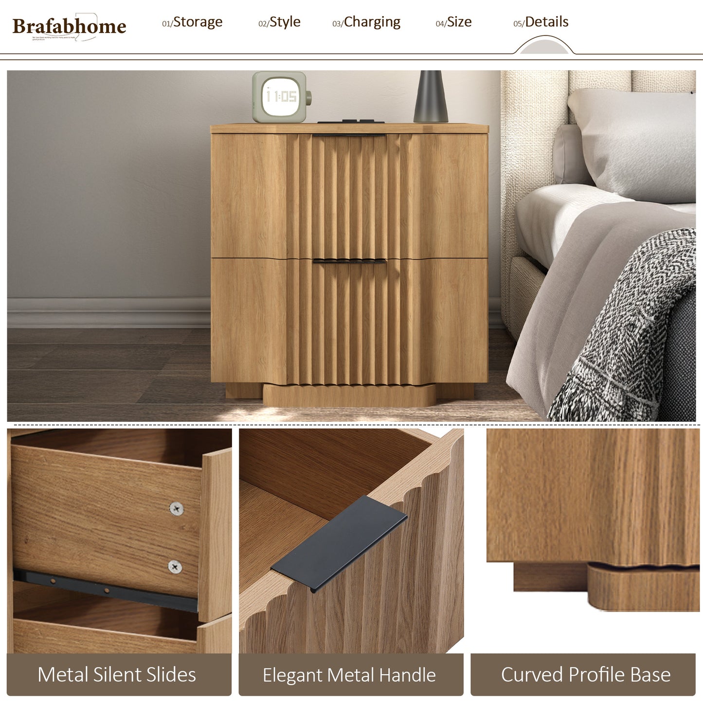 rafabhome Curved Profile Fluted Nightstand with Charging Station, Modern Large Nightstands with Drawer, Wood Bedside Table with Open Shelf for Bedroom Living Room Home Office