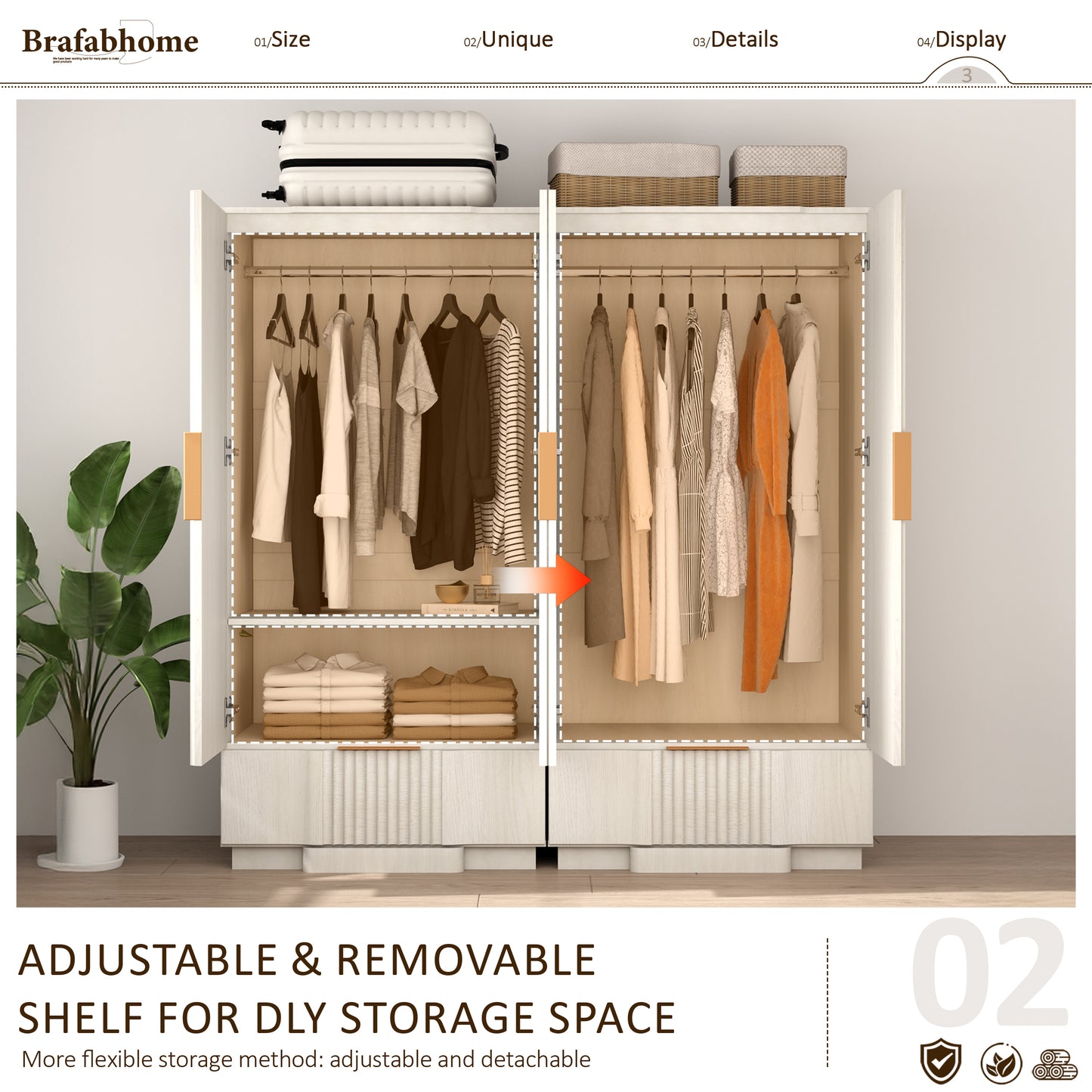 Brafabhome 64" Fluted Armoire Wardrobe Closet with Drawer, Wooden Fluted Doors Wardrobe Cabinet with Adjustable Shelf for Bedroom