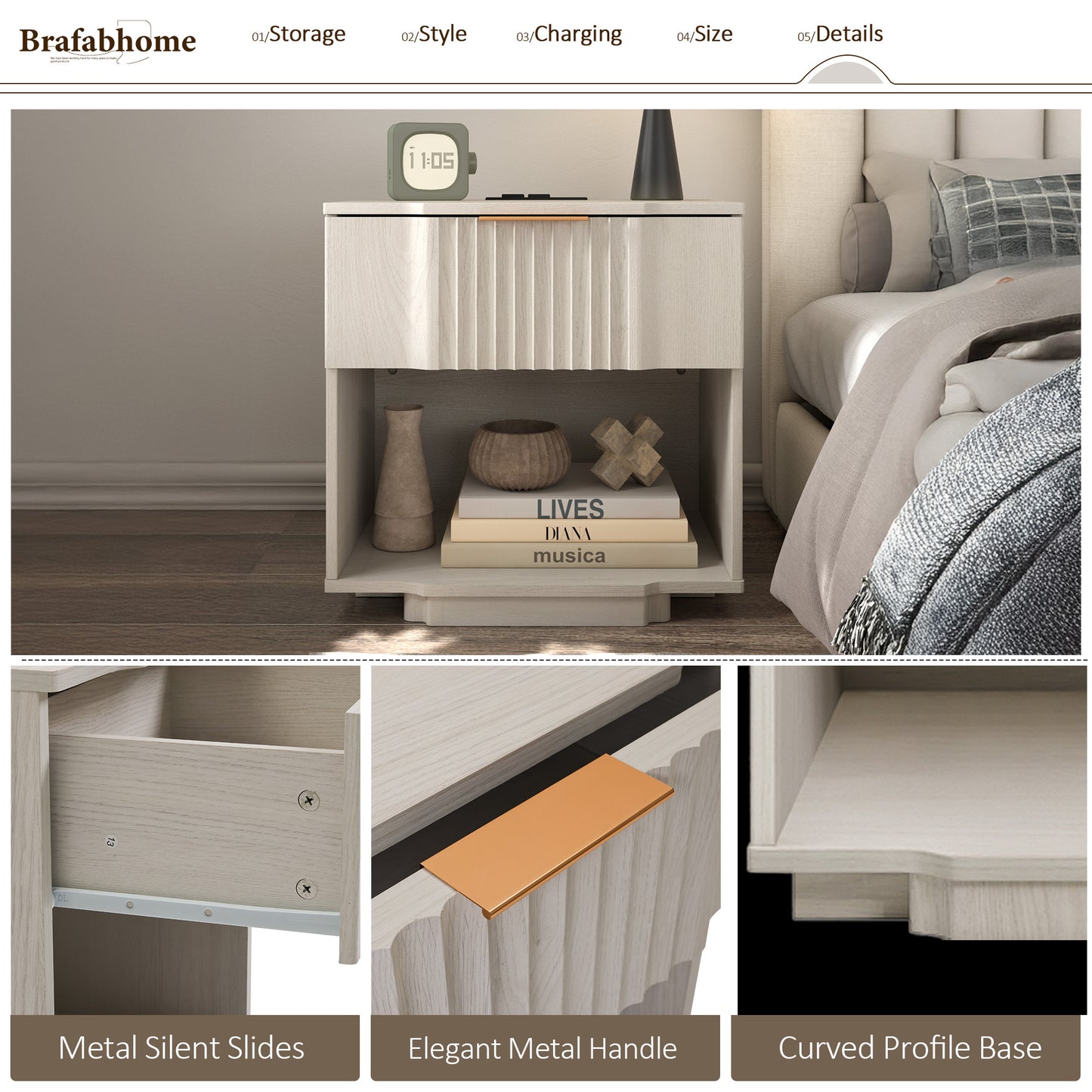 rafabhome Curved Profile Fluted Nightstand with Charging Station, Modern Large Nightstands with Drawer, Wood Bedside Table with Open Shelf for Bedroom Living Room Home Office