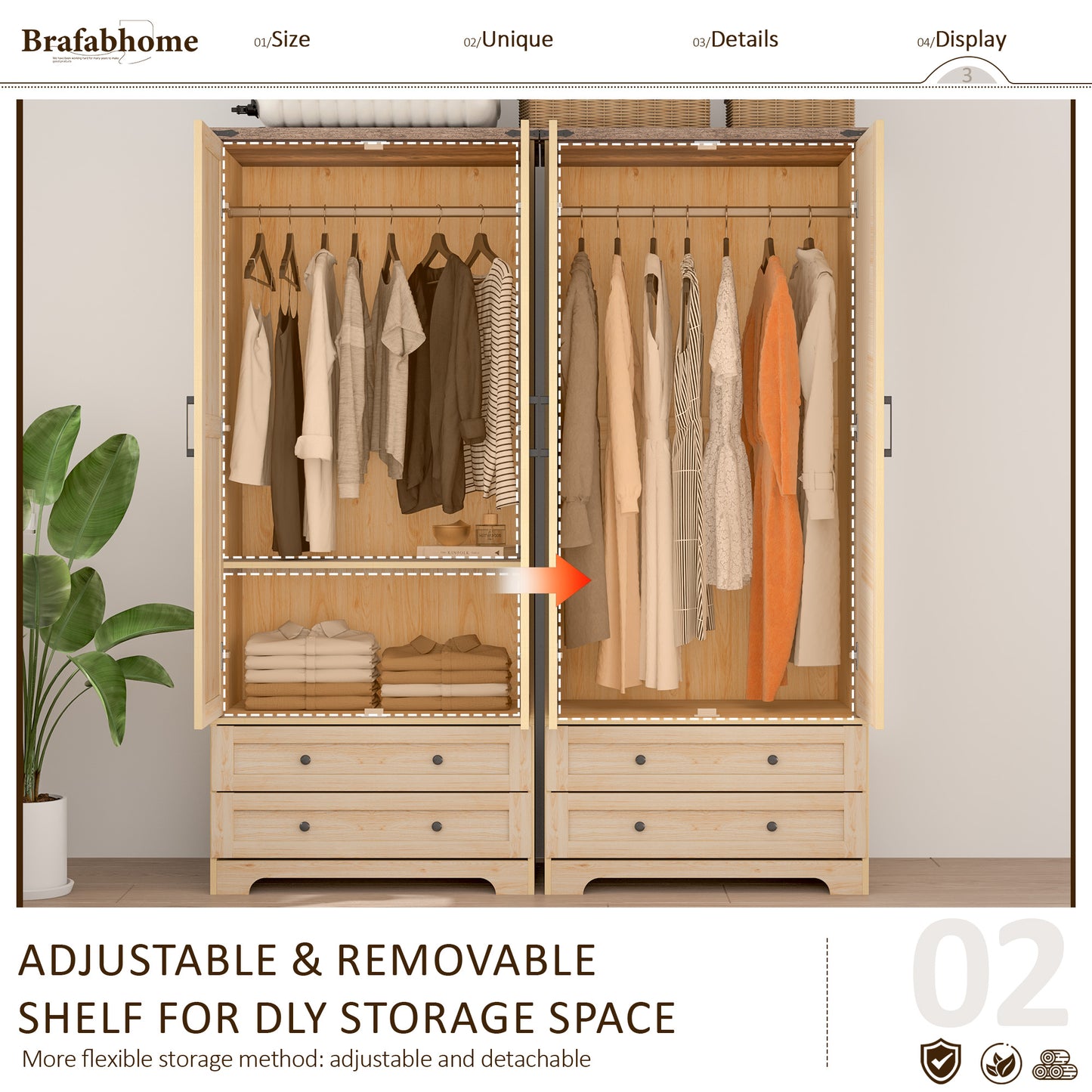 Brafabhome Farmhouse Wood Armoire Wardrobe Closet with 2 Doors, 71" Tall Freestanding Wardrobe Clothes Cabinet with Drawers and Hanging Rod for Bedroom