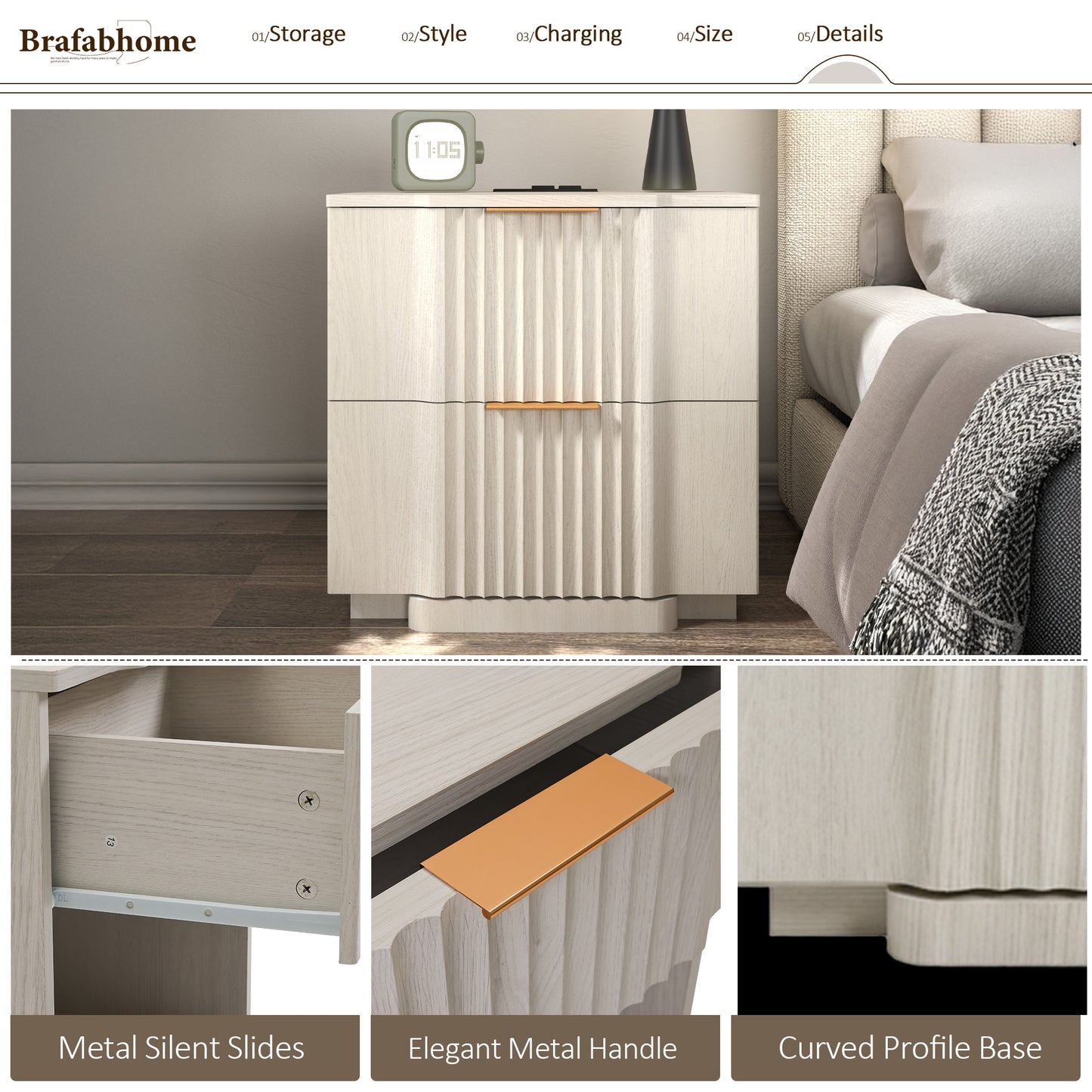 rafabhome Curved Profile Fluted Nightstand with Charging Station, Modern Large Nightstands with Drawer, Wood Bedside Table with Open Shelf for Bedroom Living Room Home Office