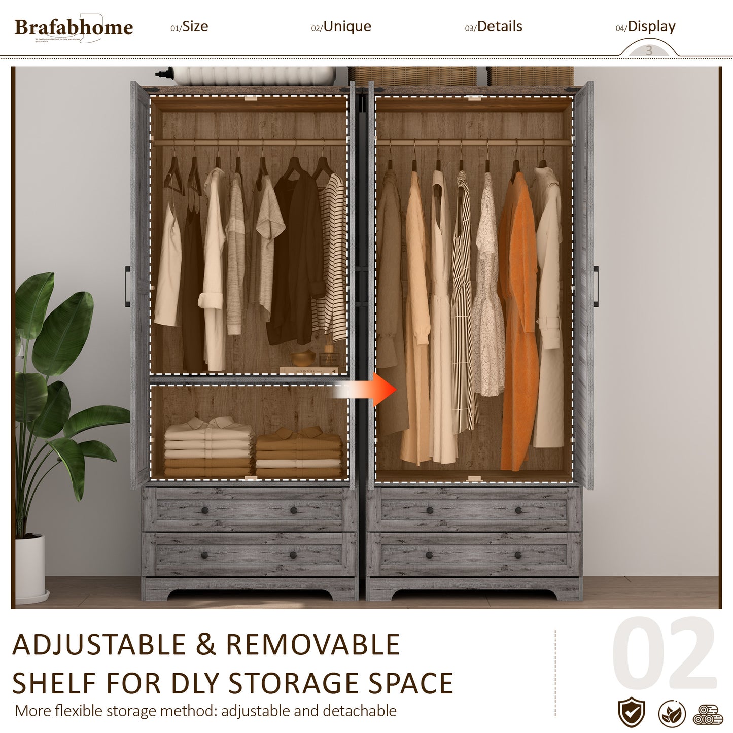 Brafabhome Farmhouse Wood Armoire Wardrobe Closet with 2 Doors, 71" Tall Freestanding Wardrobe Clothes Cabinet with Drawers and Hanging Rod for Bedroom