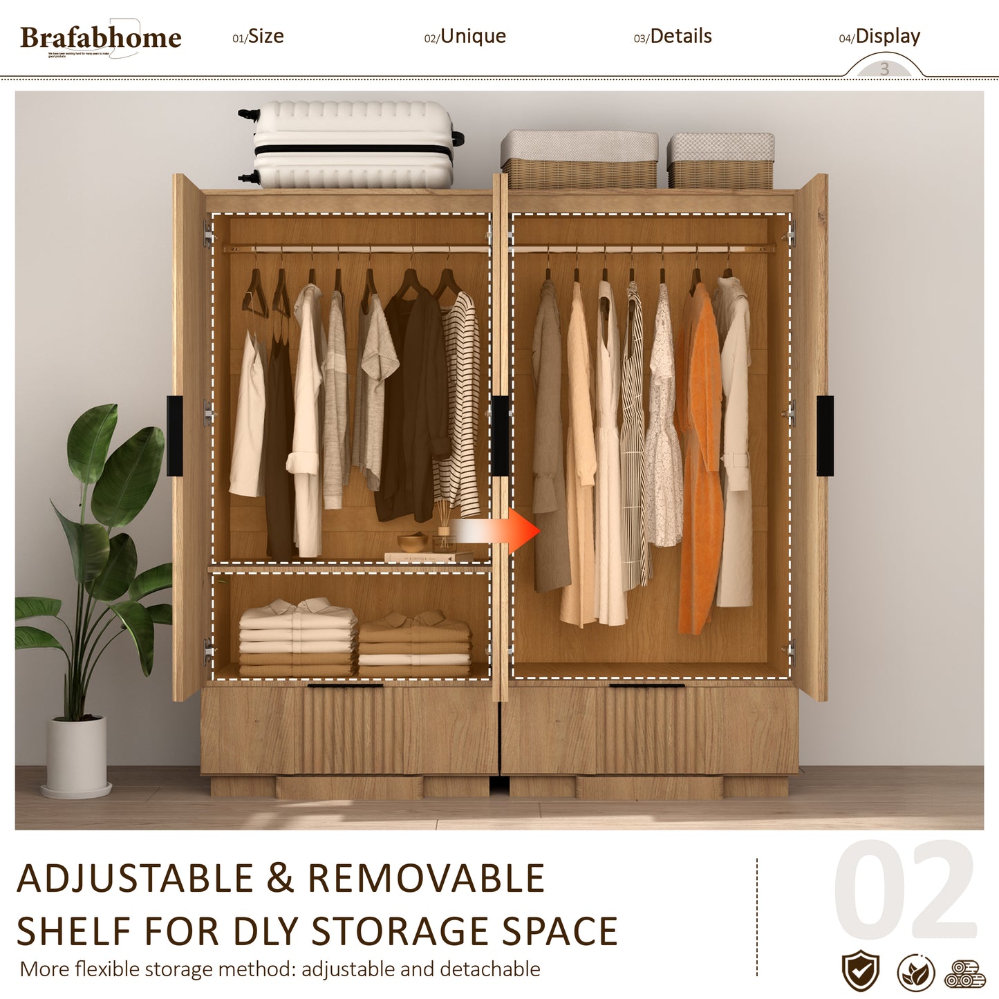 Brafabhome 64" Fluted Armoire Wardrobe Closet with Drawer, Wooden Fluted Doors Wardrobe Cabinet with Adjustable Shelf for Bedroom