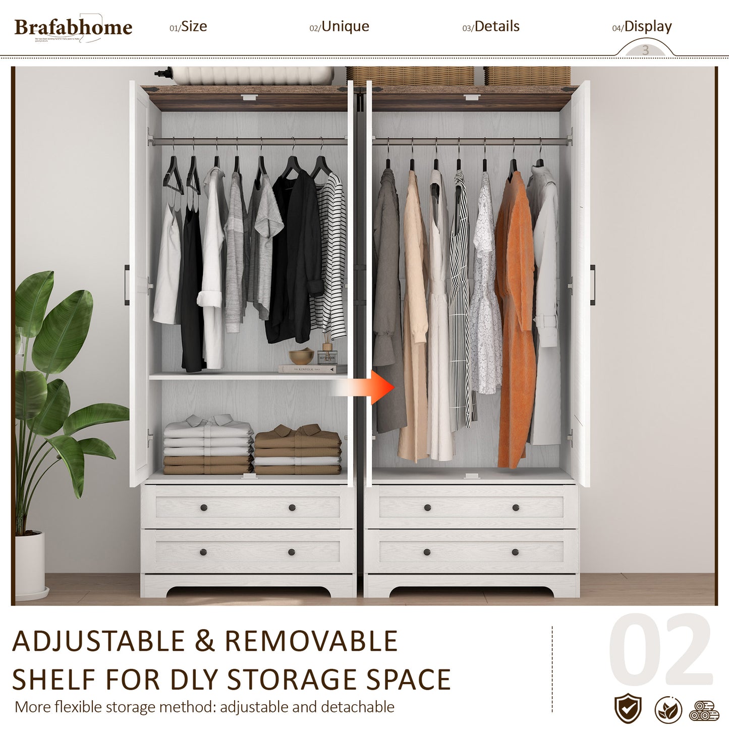 Brafabhome Farmhouse Wood Armoire Wardrobe Closet with 2 Doors, 71" Tall Freestanding Wardrobe Clothes Cabinet with Drawers and Hanging Rod for Bedroom