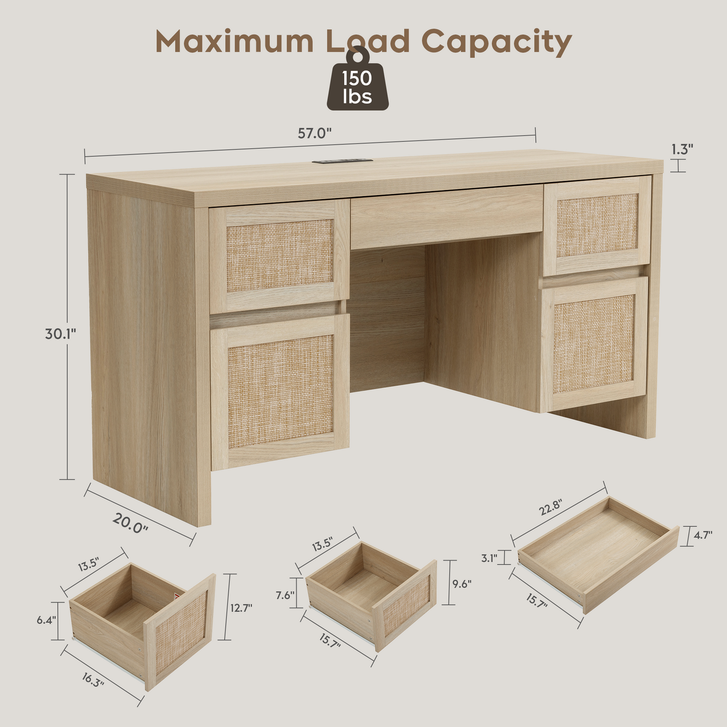 Brafabhome 57" Rattan Executive Desk with 5 Storage Drawers, Modern Study Writing Table Wooden Computer Desks with Charging Station for Home Office Bedroom