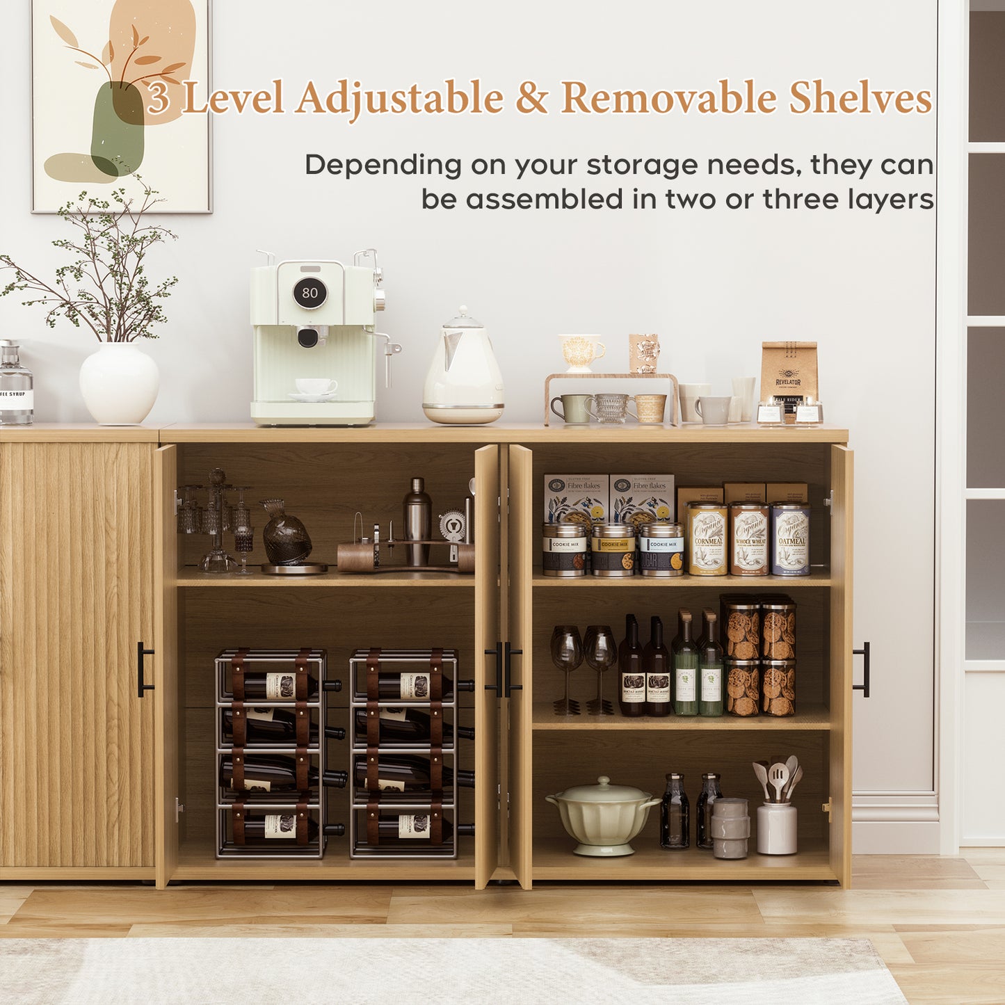 Brafabhome Accent Fluted Sideboard Buffet Cabinet with 4 Doors, Modern Credenza Storage Cabinet with Adjustable & Removable Shelves for Living Room Dinning Room Entryway