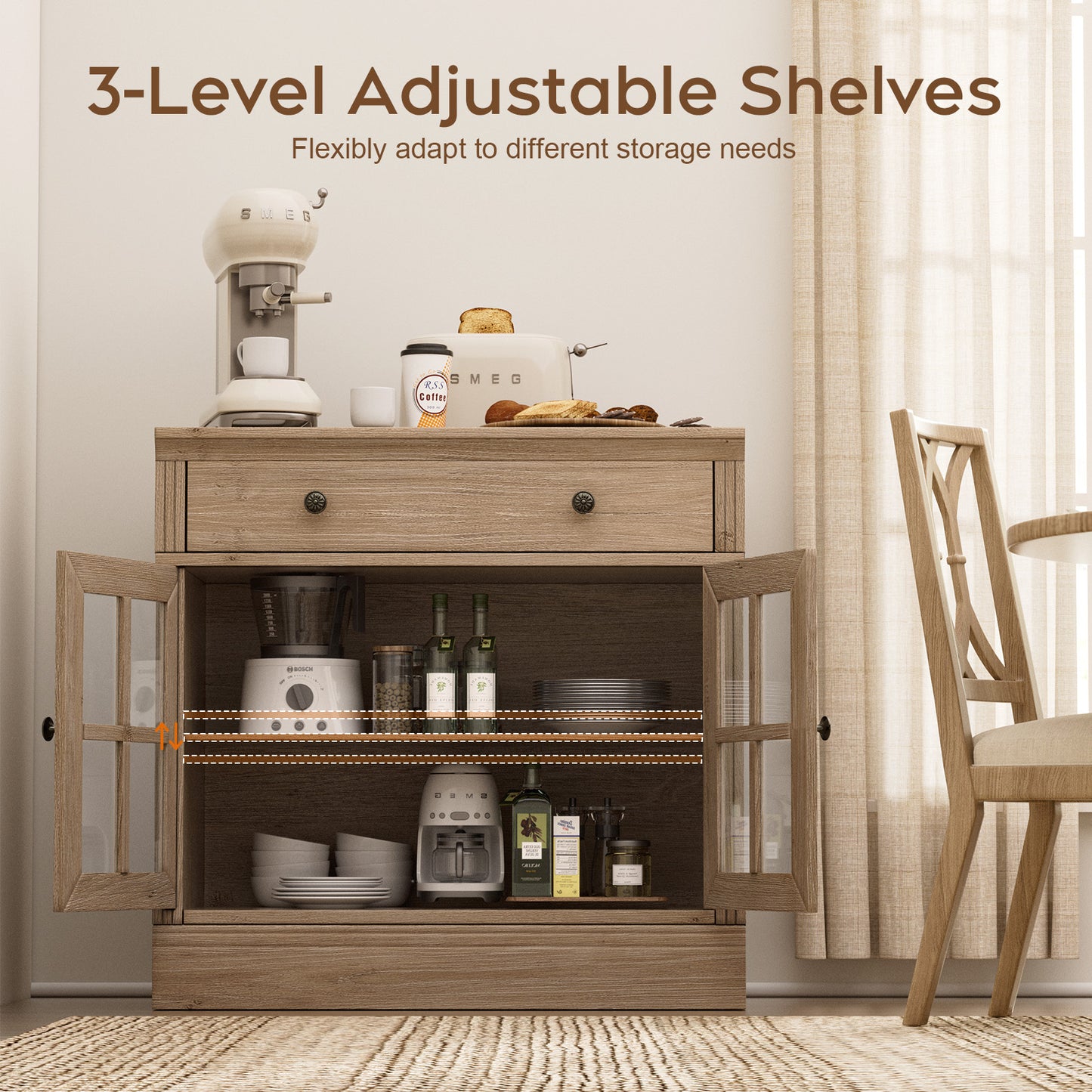 Brafabhome 31.5"W Sideboard Cabinet with Drawer & Glass Doors, Farmhouse Buffet Storage Credenza with Adjustable Shelf, Modern Coffee Bar Console for Living Room Dining Room | Light Oak