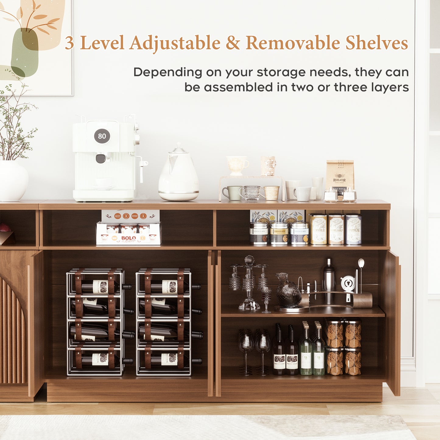 Brafabhome 55" Fluted Sideboard Buffet Cabinet with Arched Reeded Doors, Modern Credenza Storage Cabinet with Open Storage & Adjustable Shelves for Living Room & Dinning Room