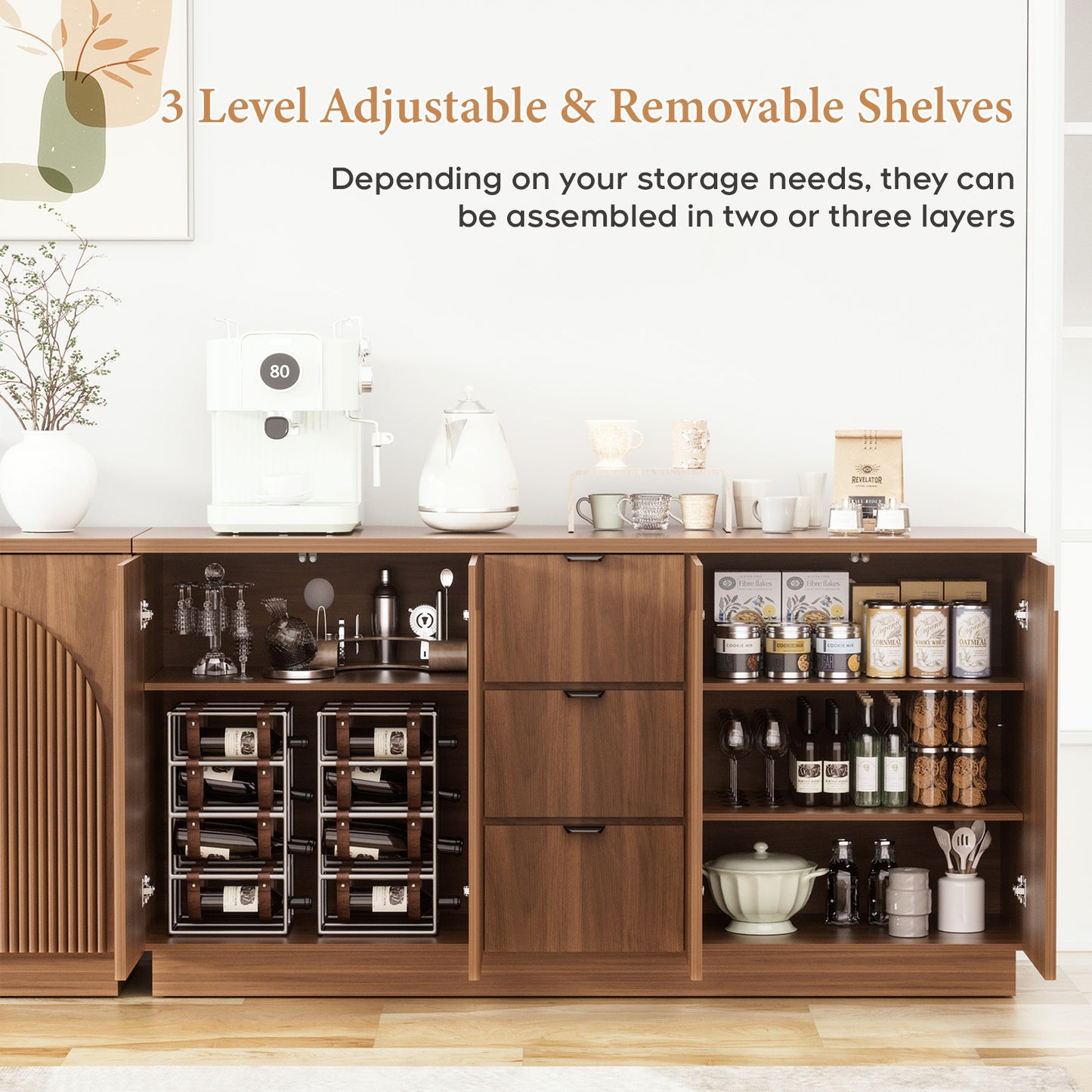 Brafabhome 67" Fluted Sideboard Buffet Cabinet with 3 Drawers, Modern Credenza Storage Cabinet with Arched Reeded Design Doors & Adjustable Shelves