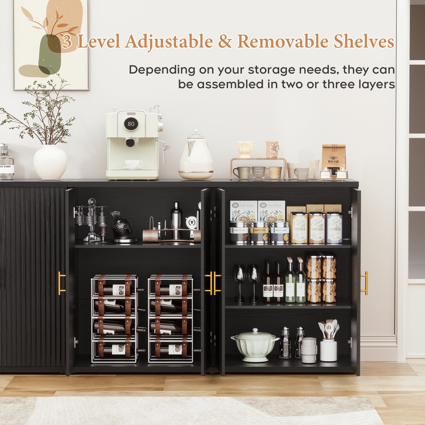 Brafabhome Accent Fluted Sideboard Buffet Cabinet with 4 Doors, Modern Credenza Storage Cabinet with Adjustable & Removable Shelves for Living Room Dinning Room Entryway