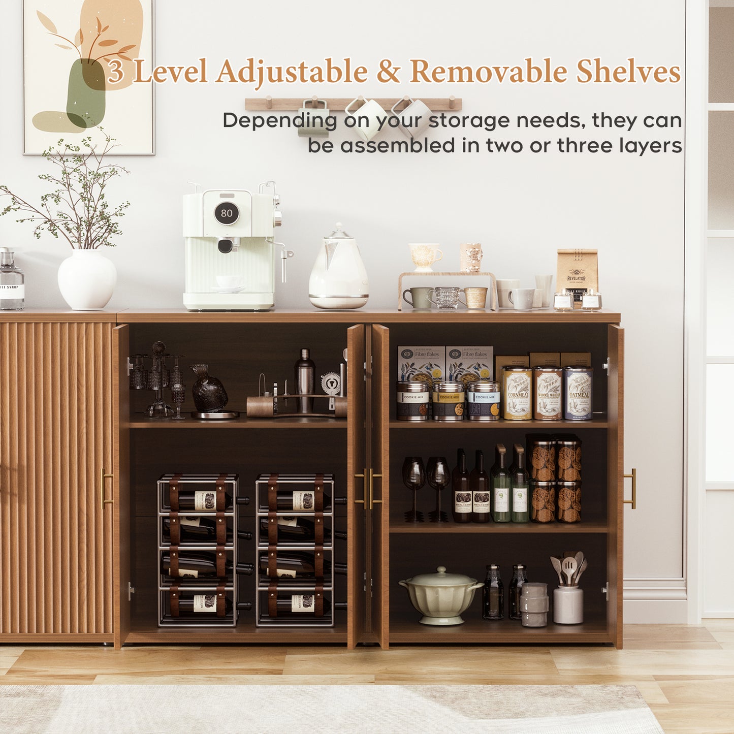 Brafabhome Accent Fluted Sideboard Buffet Cabinet with 4 Doors, Modern Credenza Storage Cabinet with Adjustable & Removable Shelves for Living Room Dinning Room Entryway