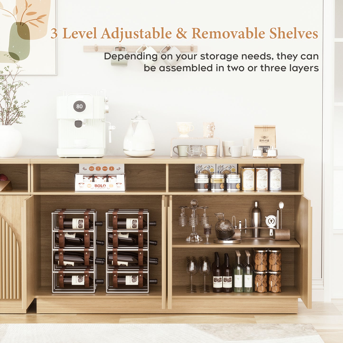 Brafabhome 55" Fluted Sideboard Buffet Cabinet with Arched Reeded Doors, Modern Credenza Storage Cabinet with Open Storage & Adjustable Shelves for Living Room & Dinning Room