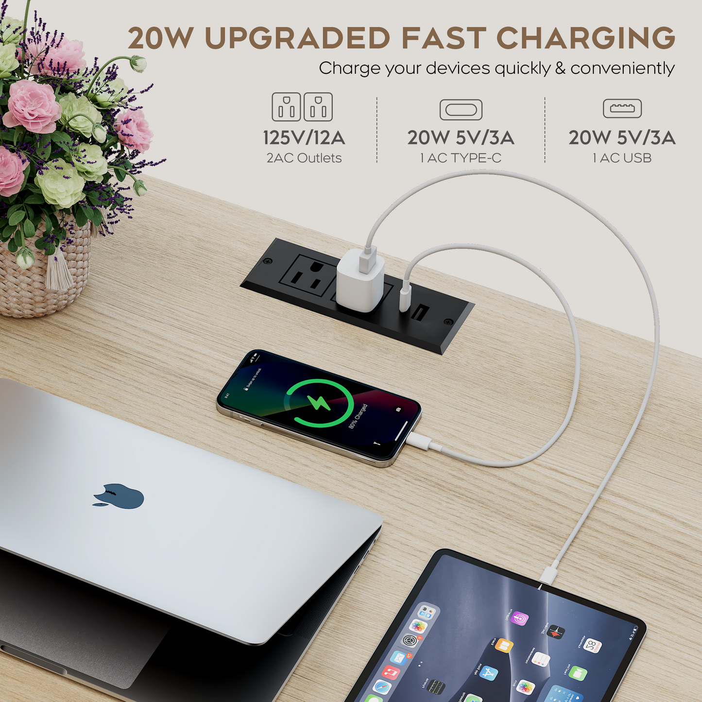 Brafabhome 57" Rattan Executive Desk with 5 Storage Drawers, Modern Study Writing Table Wooden Computer Desks with Charging Station for Home Office Bedroom