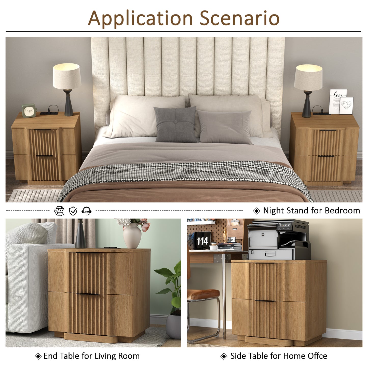 rafabhome Curved Profile Fluted Nightstand with Charging Station, Modern Large Nightstands with Drawer, Wood Bedside Table with Open Shelf for Bedroom Living Room Home Office