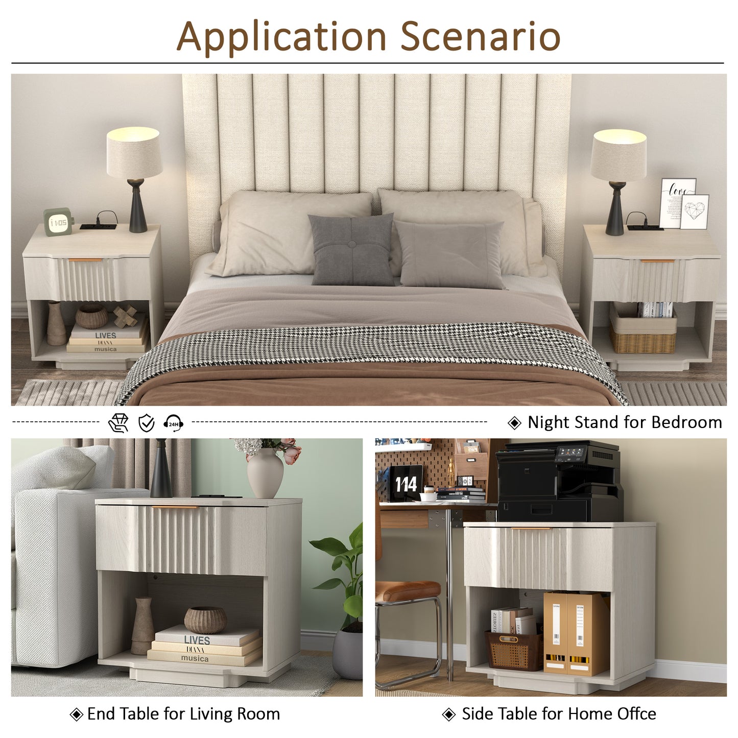 rafabhome Curved Profile Fluted Nightstand with Charging Station, Modern Large Nightstands with Drawer, Wood Bedside Table with Open Shelf for Bedroom Living Room Home Office