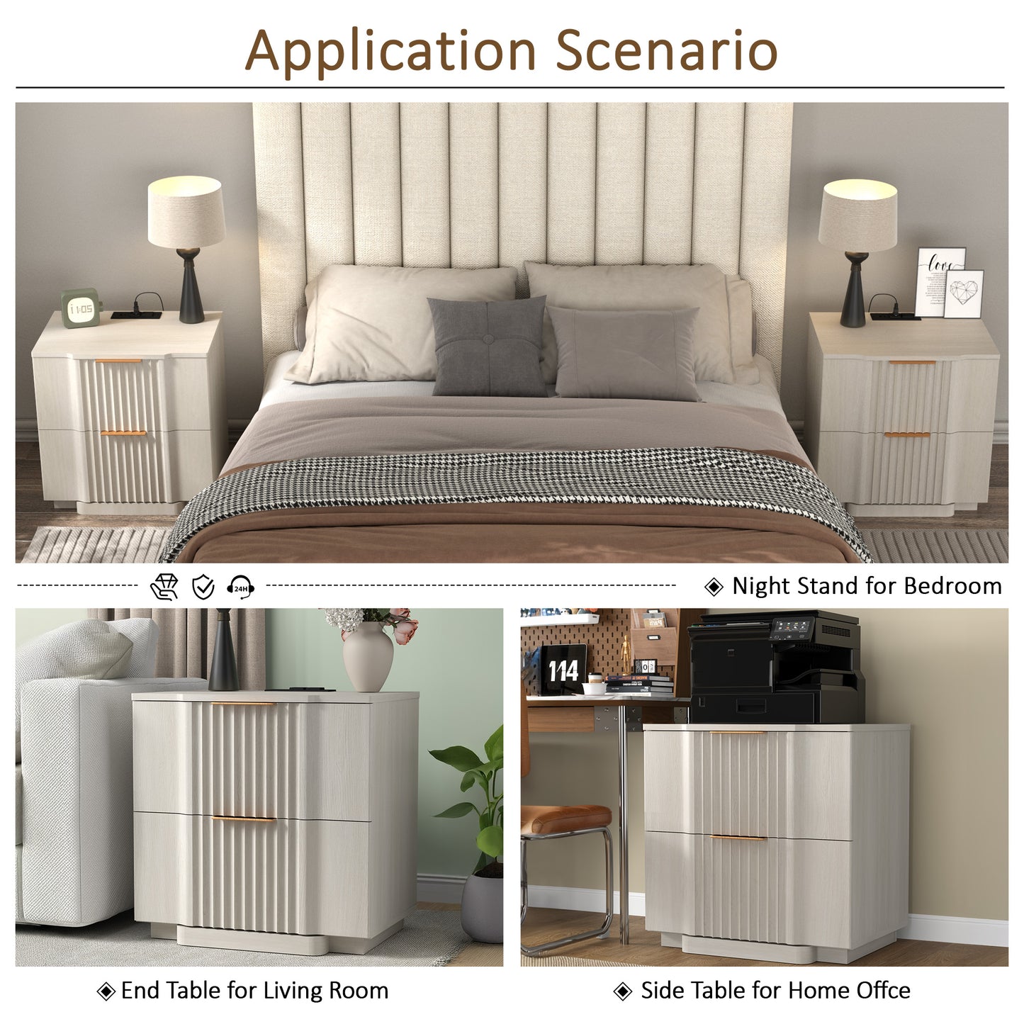 rafabhome Curved Profile Fluted Nightstand with Charging Station, Modern Large Nightstands with Drawer, Wood Bedside Table with Open Shelf for Bedroom Living Room Home Office