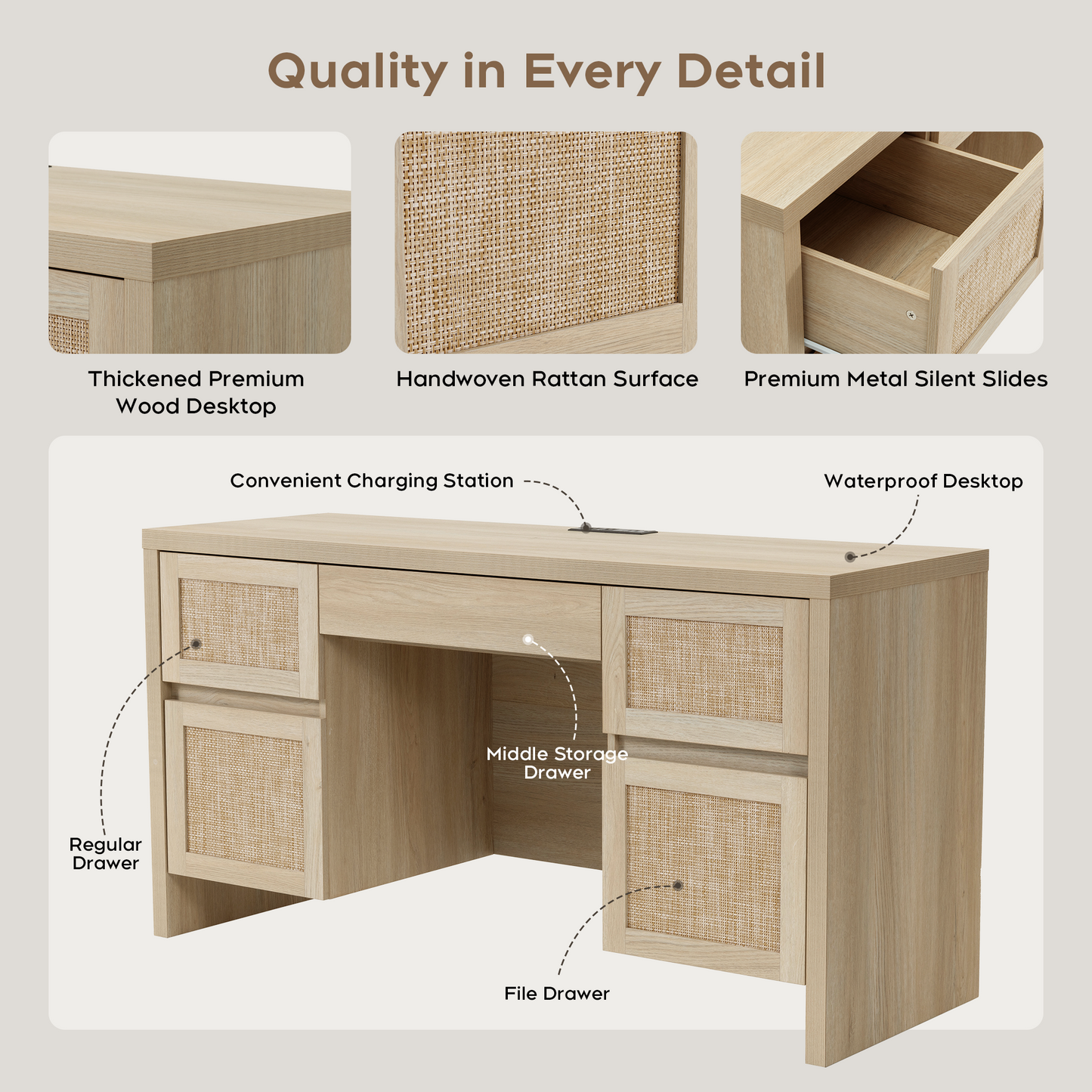 Brafabhome 57" Rattan Executive Desk with 5 Storage Drawers, Modern Study Writing Table Wooden Computer Desks with Charging Station for Home Office Bedroom