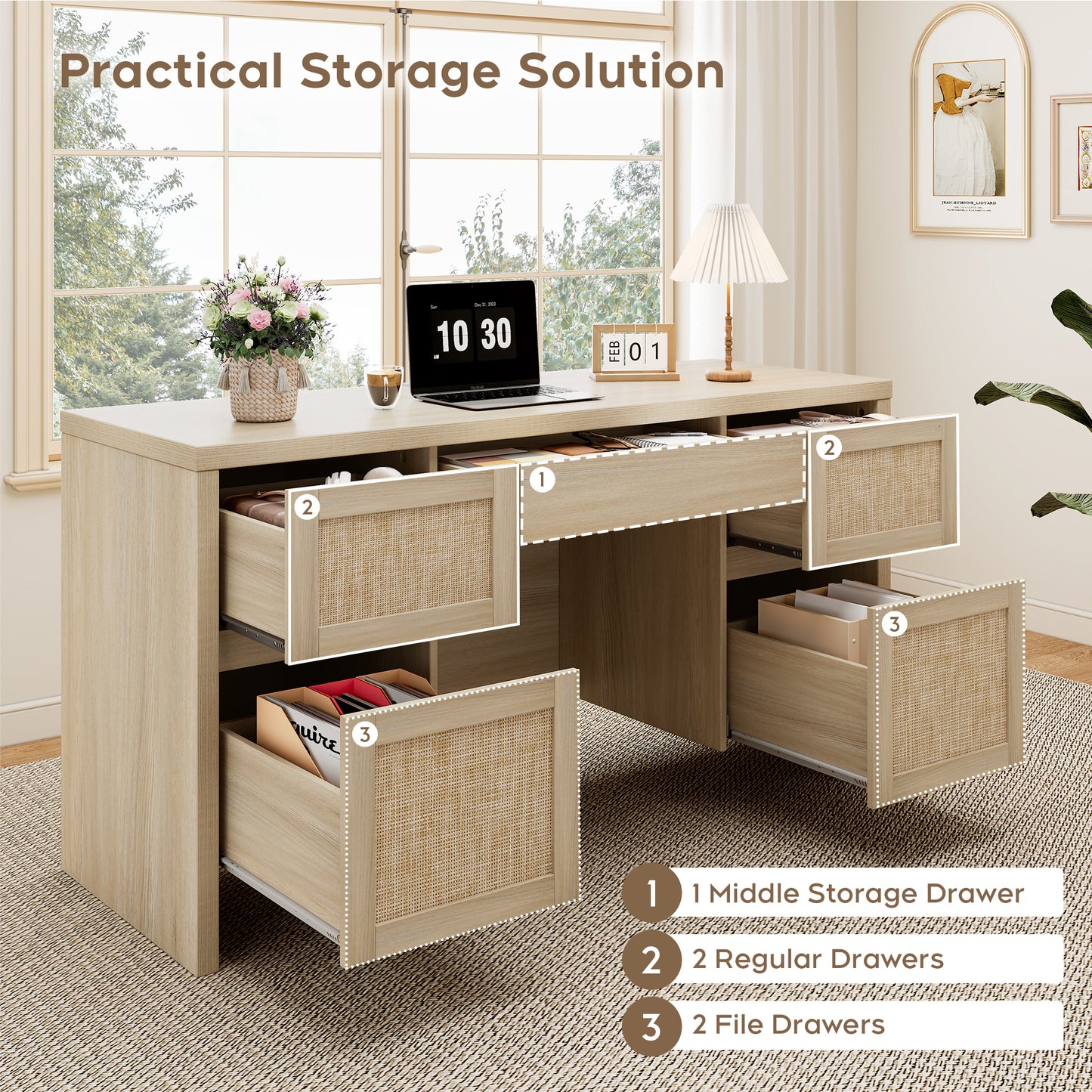 Brafabhome 57" Rattan Executive Desk with 5 Storage Drawers, Modern Study Writing Table Wooden Computer Desks with Charging Station for Home Office Bedroom