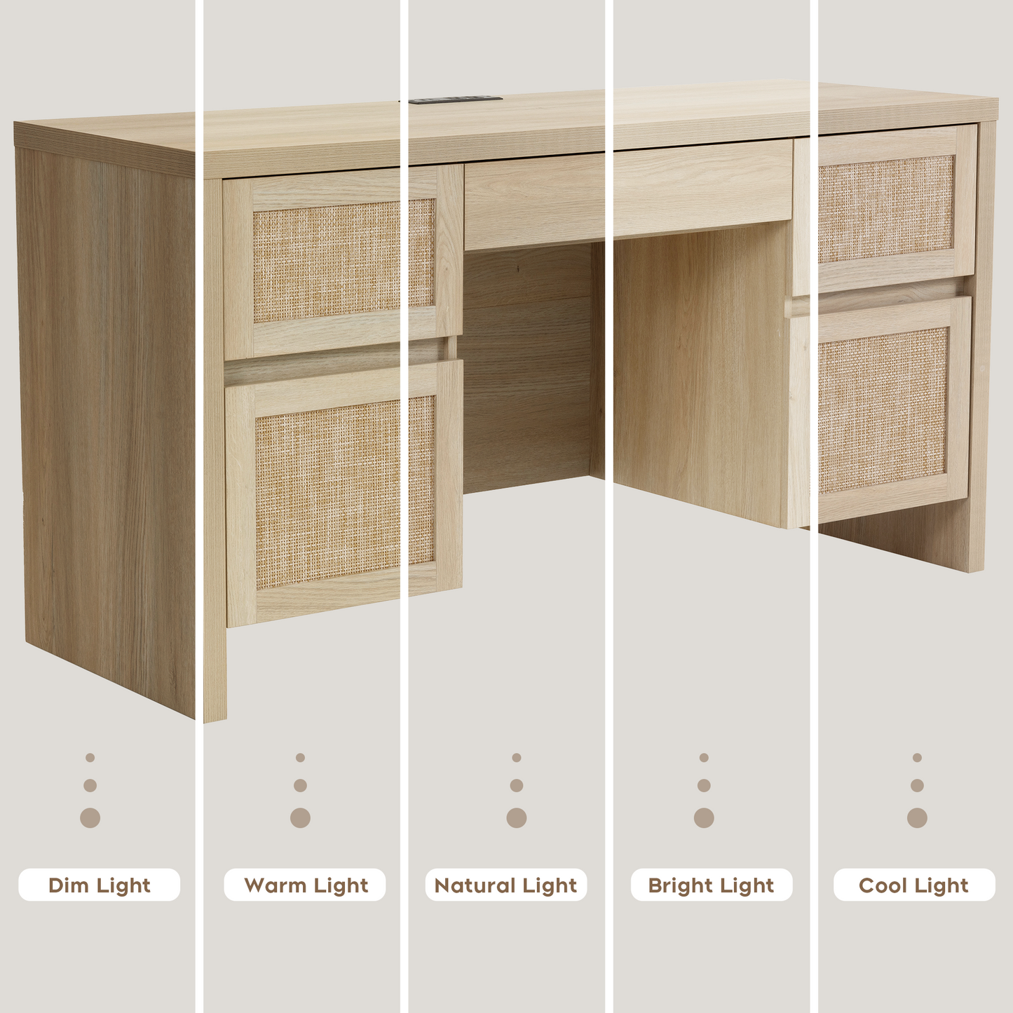 Brafabhome 57" Rattan Executive Desk with 5 Storage Drawers, Modern Study Writing Table Wooden Computer Desks with Charging Station for Home Office Bedroom