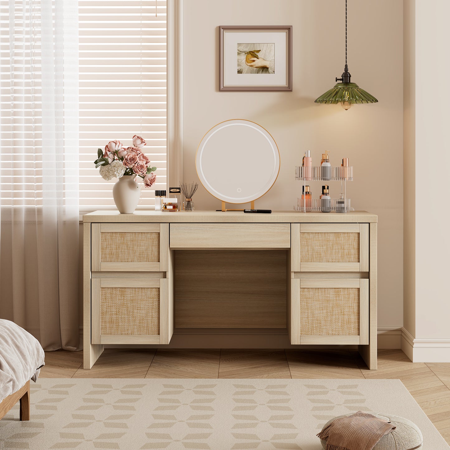 Brafabhome 57" Rattan Executive Desk with 5 Storage Drawers, Modern Study Writing Table Wooden Computer Desks with Charging Station for Home Office Bedroom