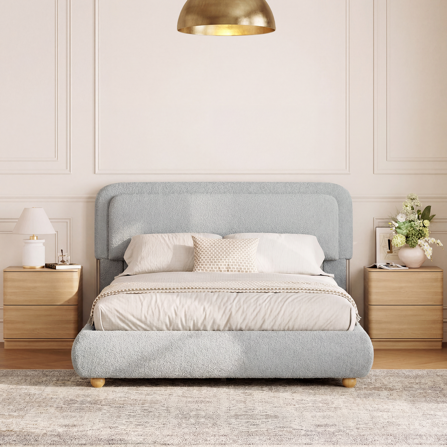 Brafabhome Bed Frame with Round Corner Headboard, Soft Boucle Cloud Upholstered Fluffy Platform Bed with Bump-Proof Edge Footboard for Kids, No Box Spring Needed | Pink