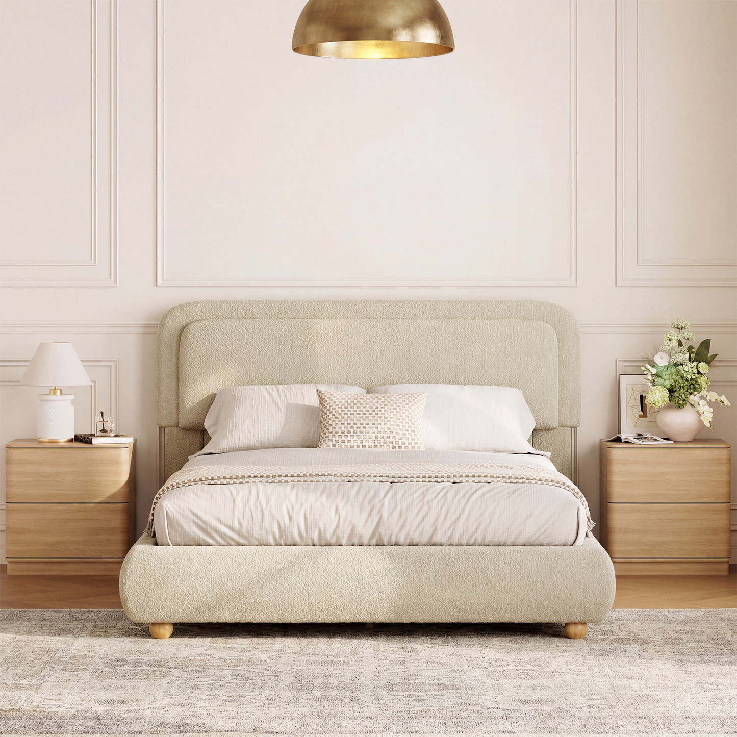 Brafabhome Bed Frame with Round Corner Headboard, Soft Boucle Cloud Upholstered Fluffy Platform Bed with Bump-Proof Edge Footboard for Kids, No Box Spring Needed | Pink