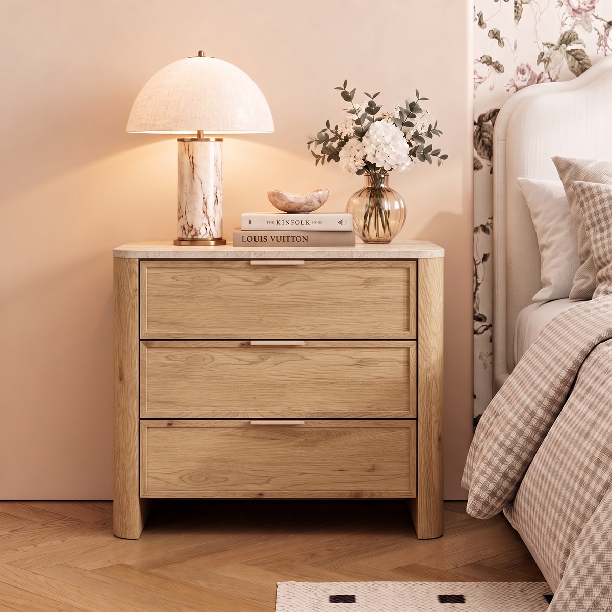 Brafabhome 23'' W Modern Nightstand with 3 Large Drawers, Elegant Marble Top Bedside Table with Soft Curved Edges, suitable for Bedroom or Living Room