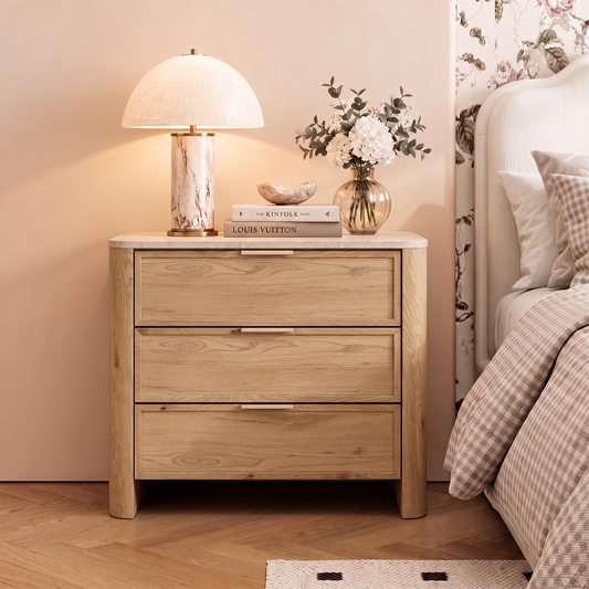 Brafabhome 23'' W Modern Nightstand with 3 Large Drawers, Elegant Marble Top Bedside Table with Soft Curved Edges, suitable for Bedroom or Living Room