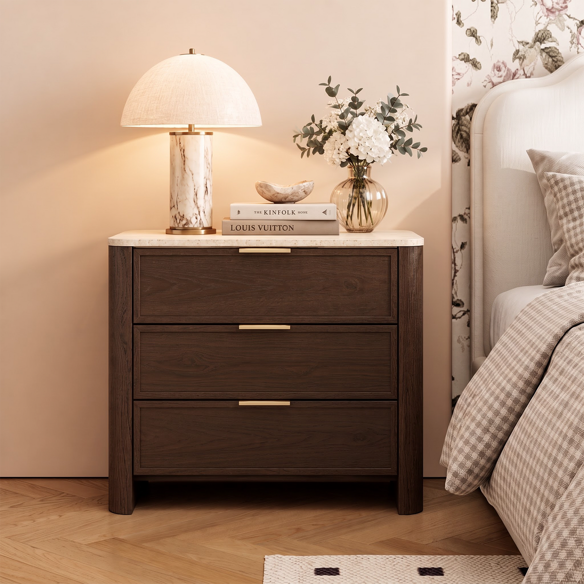 Brafabhome 23'' W Modern Nightstand with 3 Large Drawers, Elegant Marble Top Bedside Table with Soft Curved Edges, suitable for Bedroom or Living Room