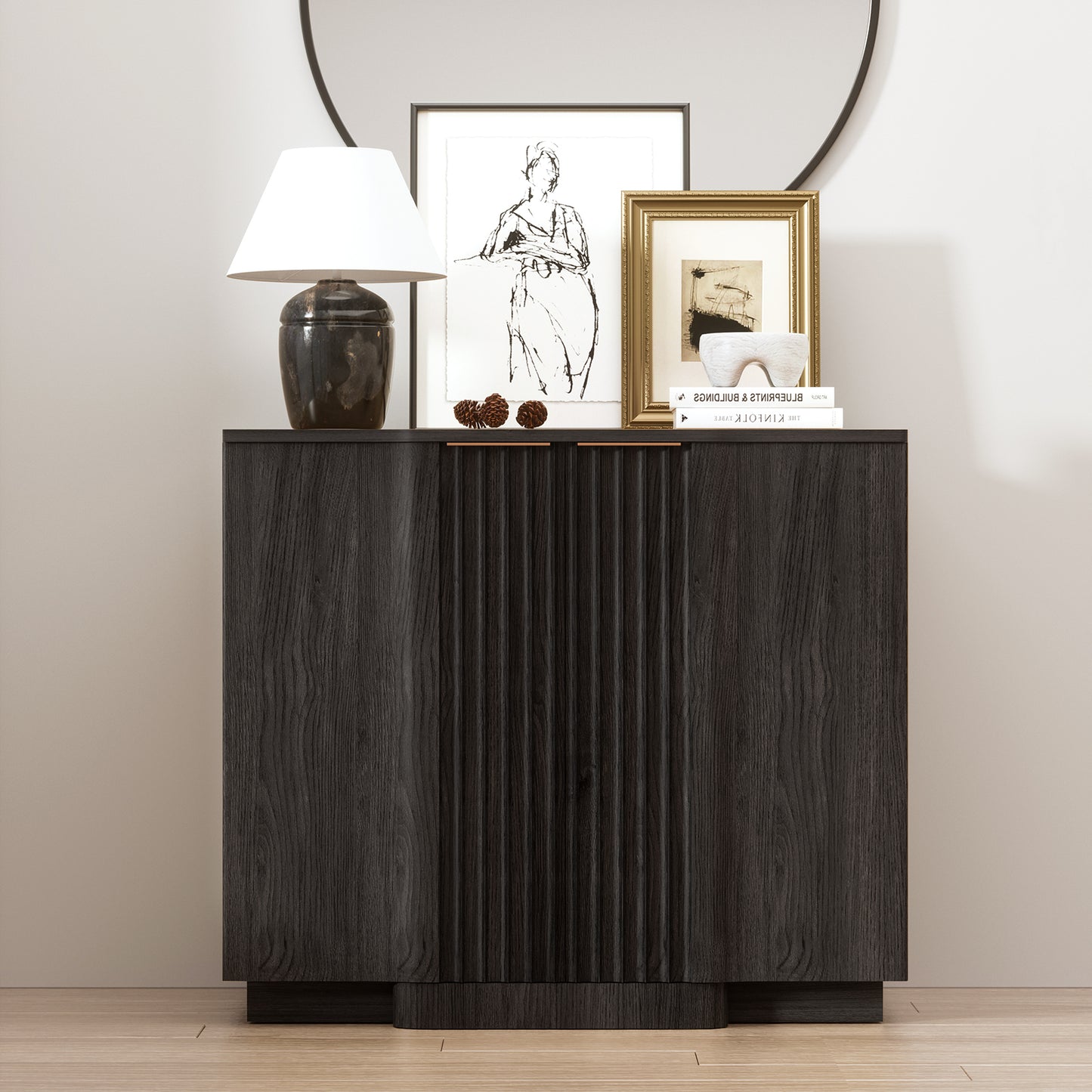 Brafabhome Fluted Buffet Cabinet with Storage, Accent Sideboard Credenza with Adjustable Shelves, Modern Curved Media Console Coffee Bar Table for Living Kitchen Dining Room
