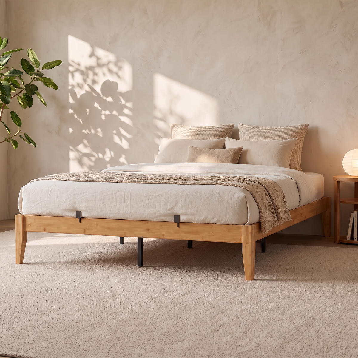 Brafabhome Bamboo Platform Bed Frame with Sturdy Support Legs, Joinery Bed Frame with Noise Free Solid Wood Slats, 4 Mattress Stoppers, No Box Spring Needed, Easy Assembly