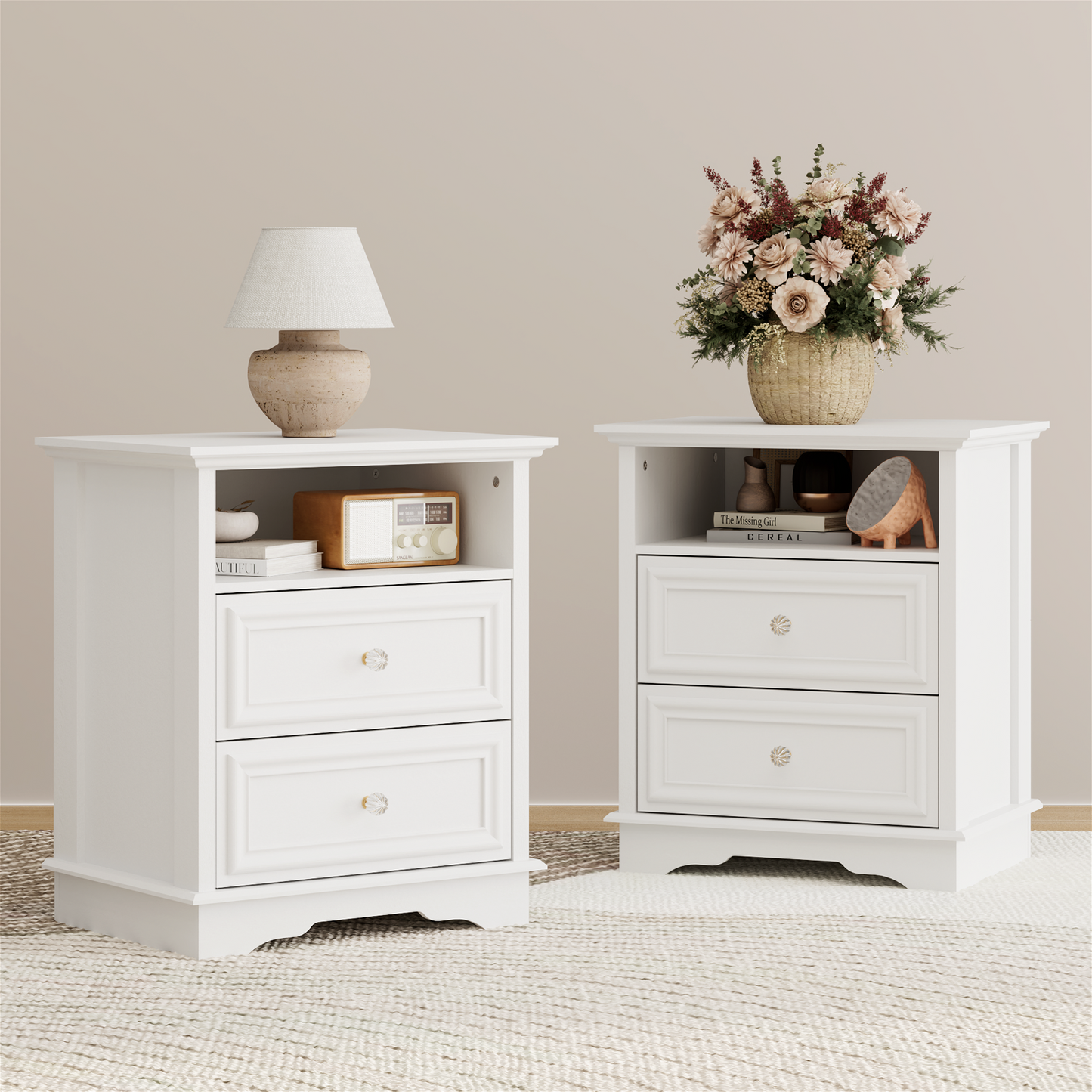 Brafabhome Farmhouse Mid Century Modern Nightstand, 2-Drawer 25" Tall Wood