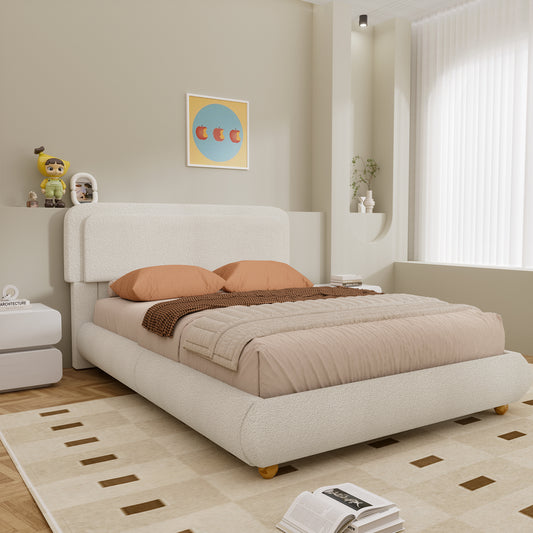 Brafabhome Bed Frame with Round Corner Headboard, Soft Boucle Cloud Upholstered Fluffy Platform Bed with Bump-Proof Edge Footboard for Kids, No Box Spring Needed | Pink