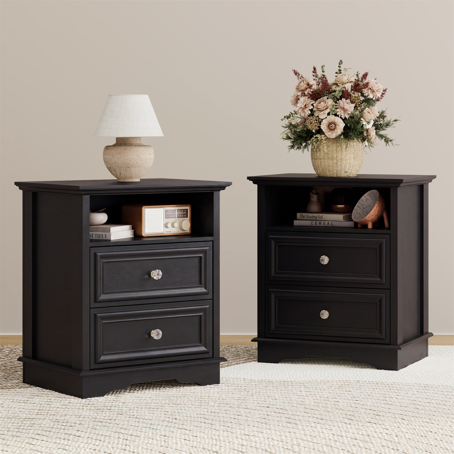 Brafabhome Farmhouse Mid Century Modern Nightstand, 2-Drawer 25" Tall Wood
