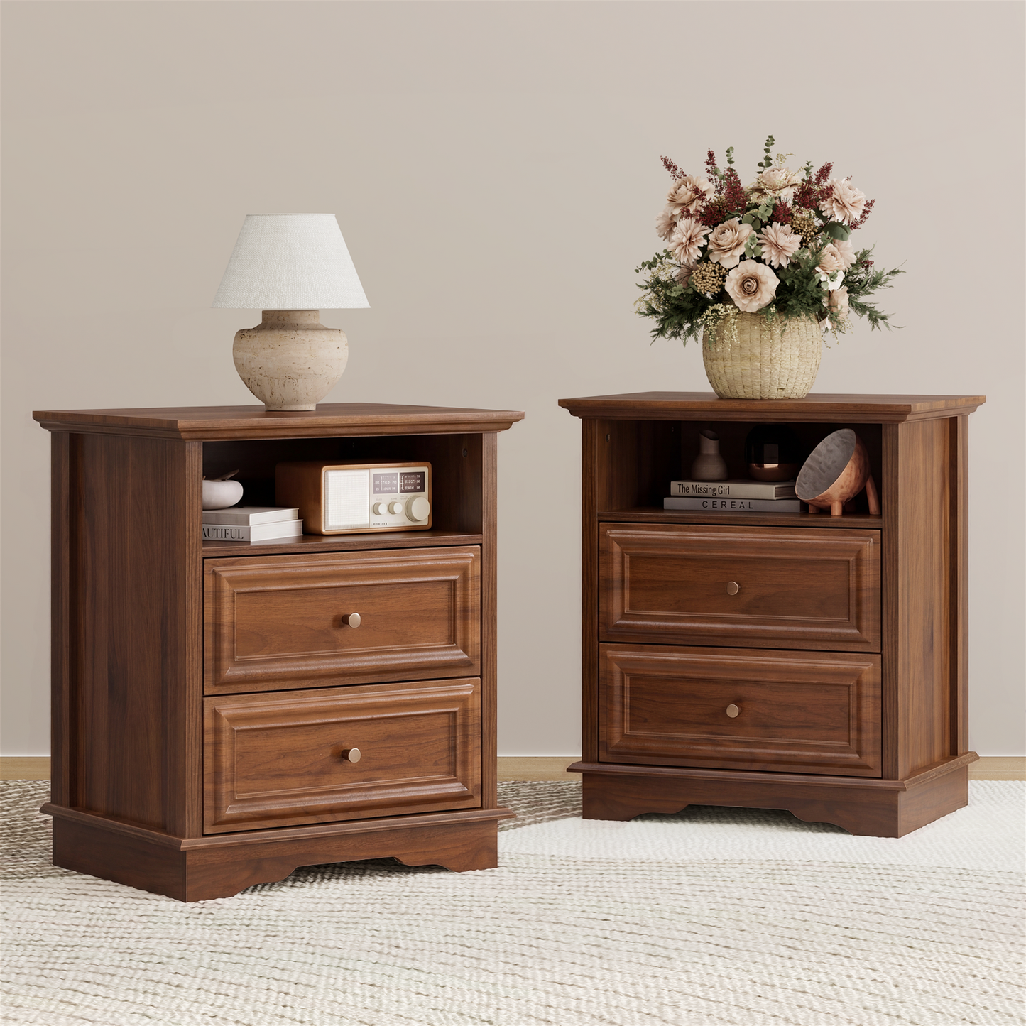 Brafabhome Farmhouse Mid Century Modern Nightstand, 2-Drawer 25" Tall Wood