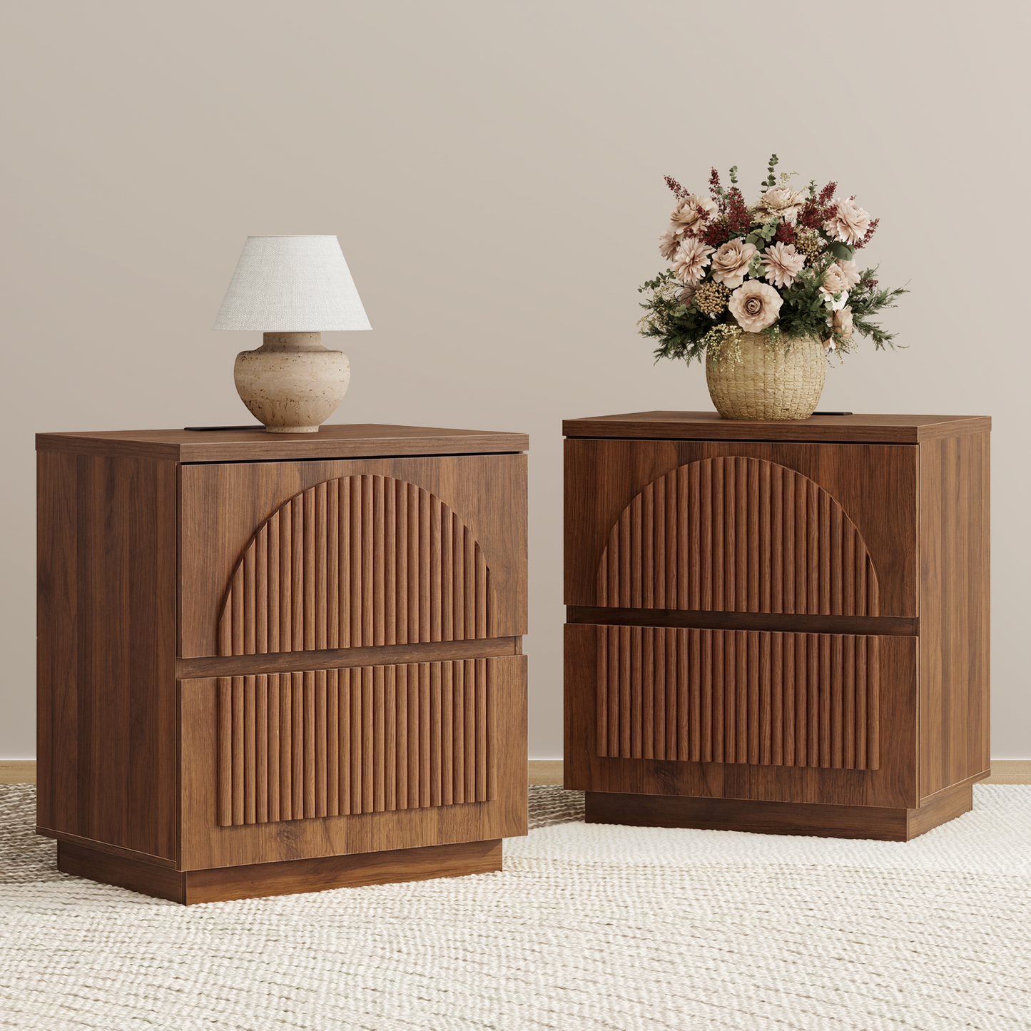 Brafabhome Wood Nightstands with Charging Station, Arched Reeded Night Stand with 2 Drawers, Modern Bedside Tables for Bedroom Living Room