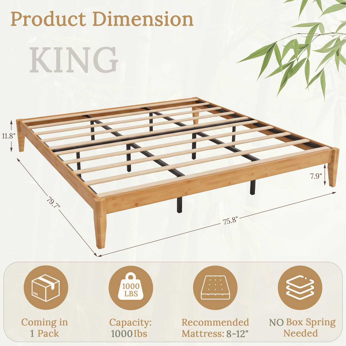 Brafabhome Bamboo Platform Bed Frame with Sturdy Support Legs, Joinery Bed Frame with Noise Free Solid Wood Slats, 4 Mattress Stoppers, No Box Spring Needed, Easy Assembly