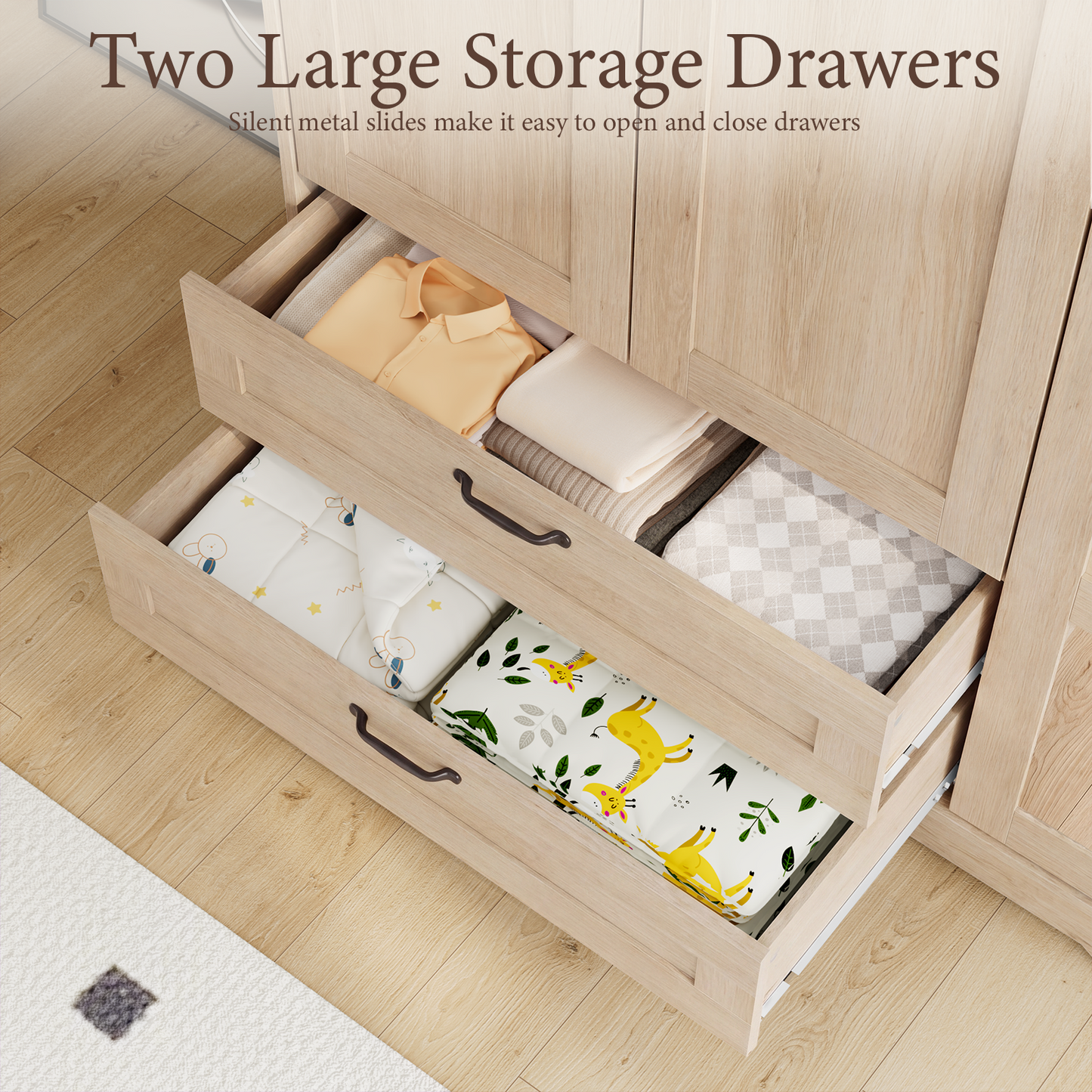 Brafabhome 62"H Wooden Armoire Wardrobe Closet with 2 Drawers, 3 Doors Modern Wardrobe Cabinet with Mirror and Adjustable Shelf for Clothes Coats