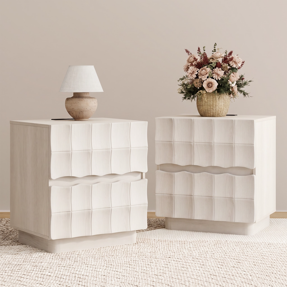 Brafabhome Fast Charing Nightstands with 2 Drawers, Wooden Bedside Table with Artistic 3D Embossed Panel, Farmhouse Night Stand with Storage for Bedroom