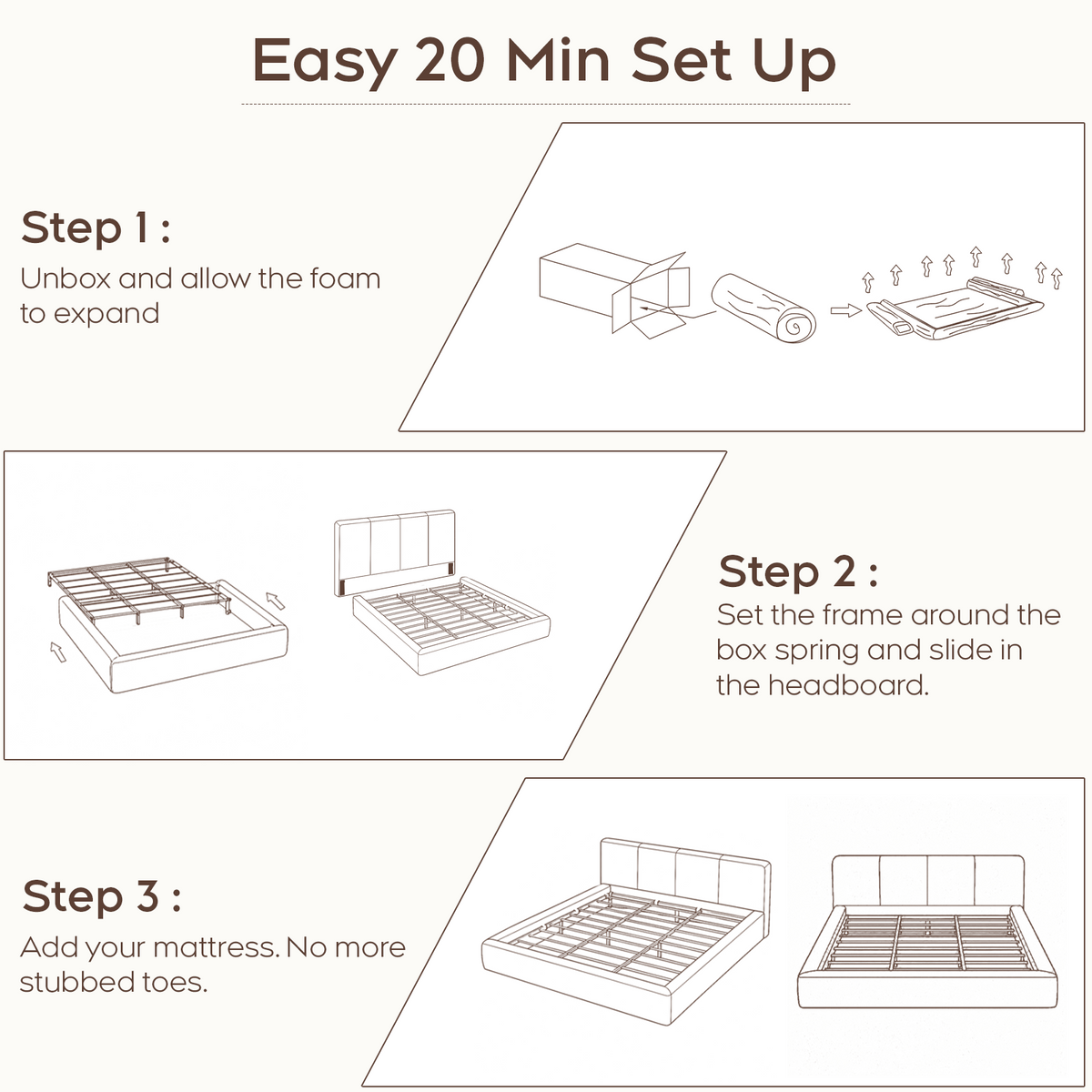 Brafabhome AirFrame Bed Frame with 6" Thick Headboard, Cloud Upholstered Platform Bed Frame with 5.1" Thick Upholstered Foam Frame, No Box Spring Needed, Easy Assembly