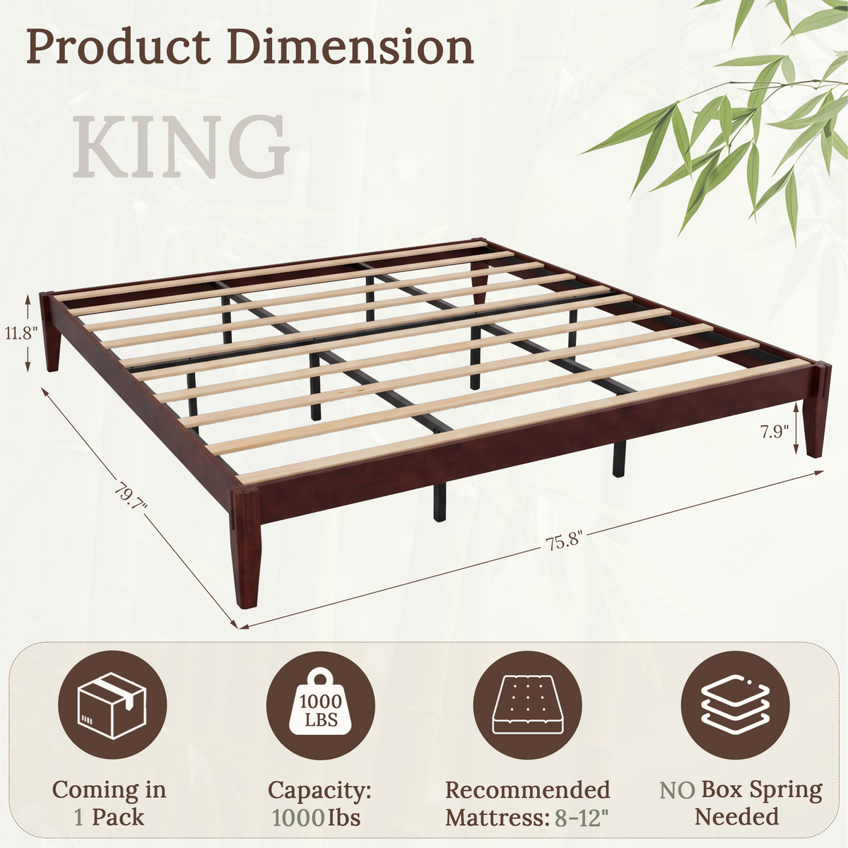 Brafabhome Bamboo Platform Bed Frame with Sturdy Support Legs, Joinery Bed Frame with Noise Free Solid Wood Slats, 4 Mattress Stoppers, No Box Spring Needed, Easy Assembly