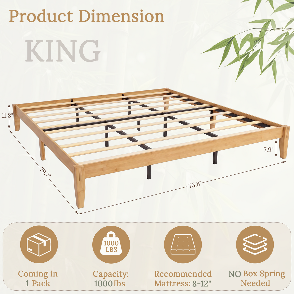 Brafabhome Bamboo Queen Platform Bed Frame with Sturdy Support Legs, Joinery Bed Frame with Noise Free Solid Wood Slats, No Box Spring Needed, Easy Assembly