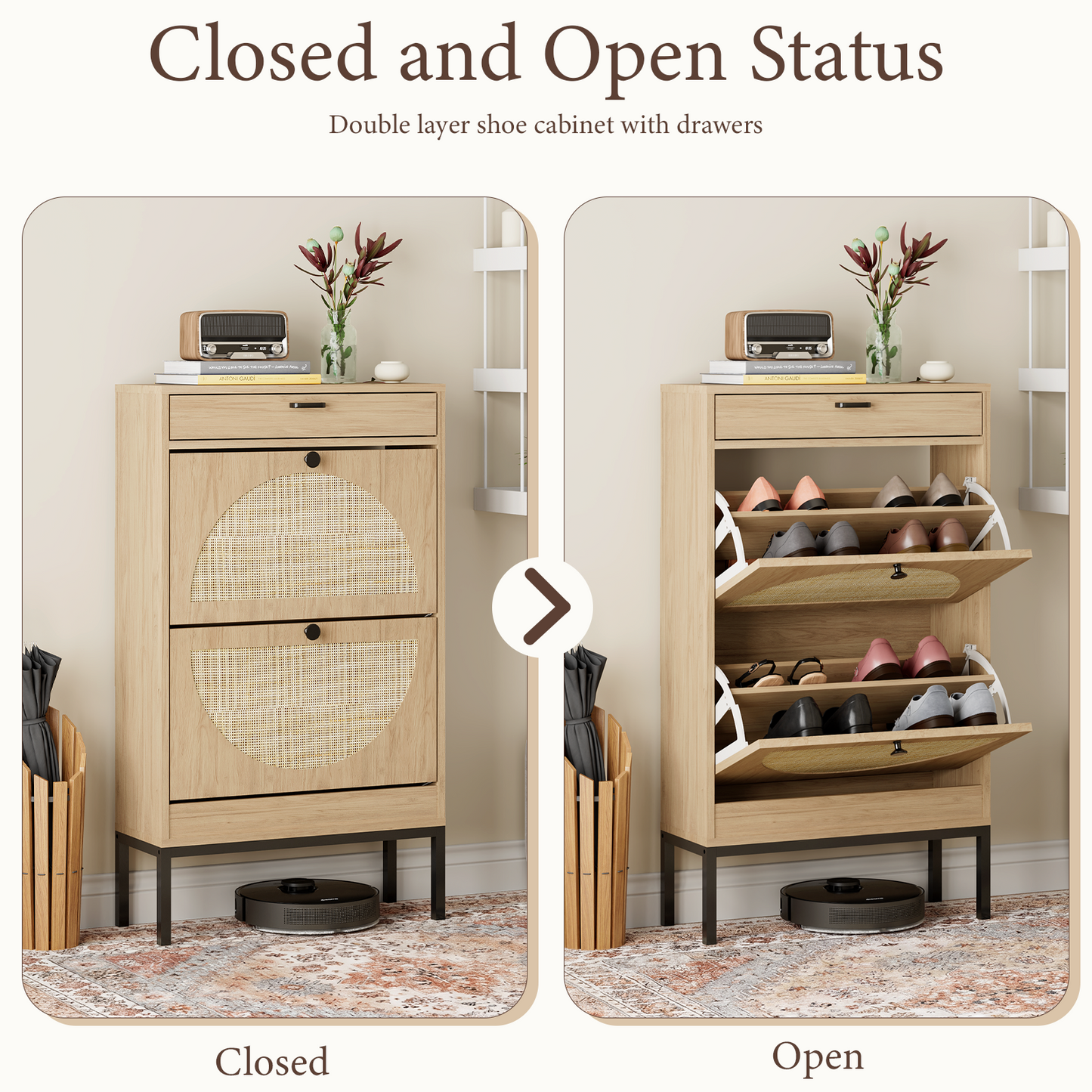 Brafabhome Narrow Shoe Storage Cabinet with 2 Flip Drawers, Rattan Floor Shoe Holder with Shelves & Sturdy Legs for Entryway | 12 Pairs