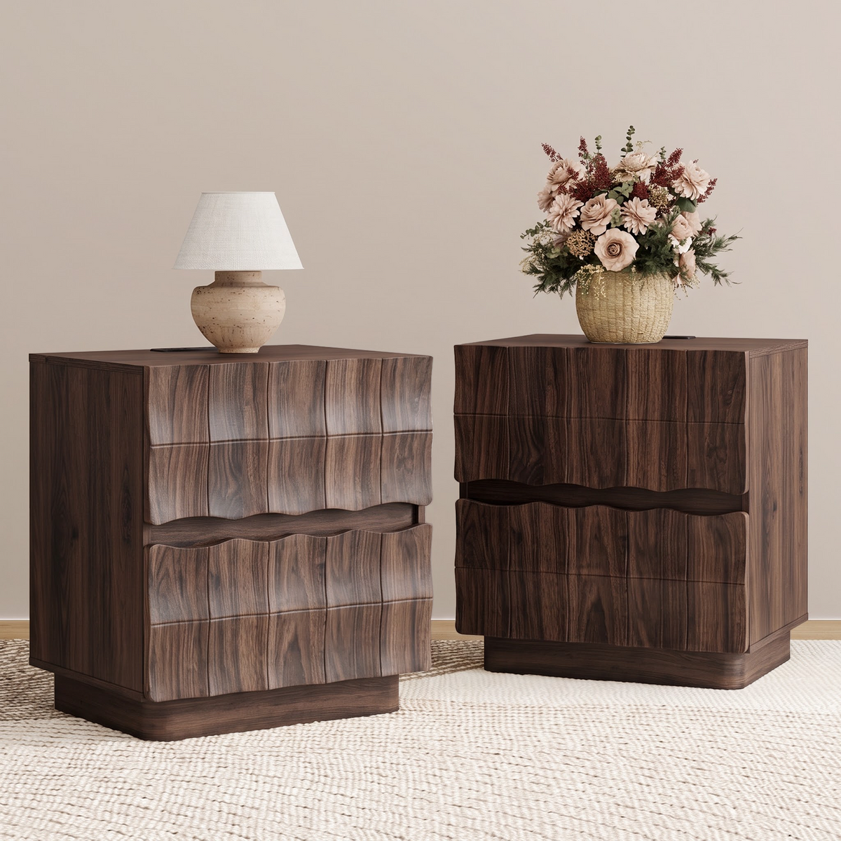 Brafabhome Fast Charing Nightstands with 2 Drawers, Wooden Bedside Table with Artistic 3D Embossed Panel, Farmhouse Night Stand with Storage for Bedroom