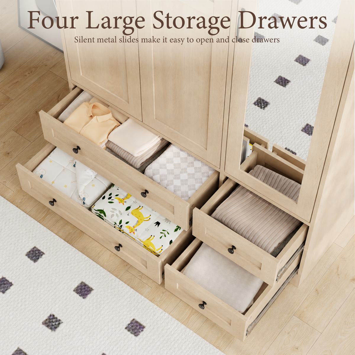 Brafabhome 71"H Wooden Armoire Wardrobe Closet with 4 Drawers, 3 Doors Modern Wardrobe Cabinet with Mirror and Adjustable Shelf for Clothes Coats, White